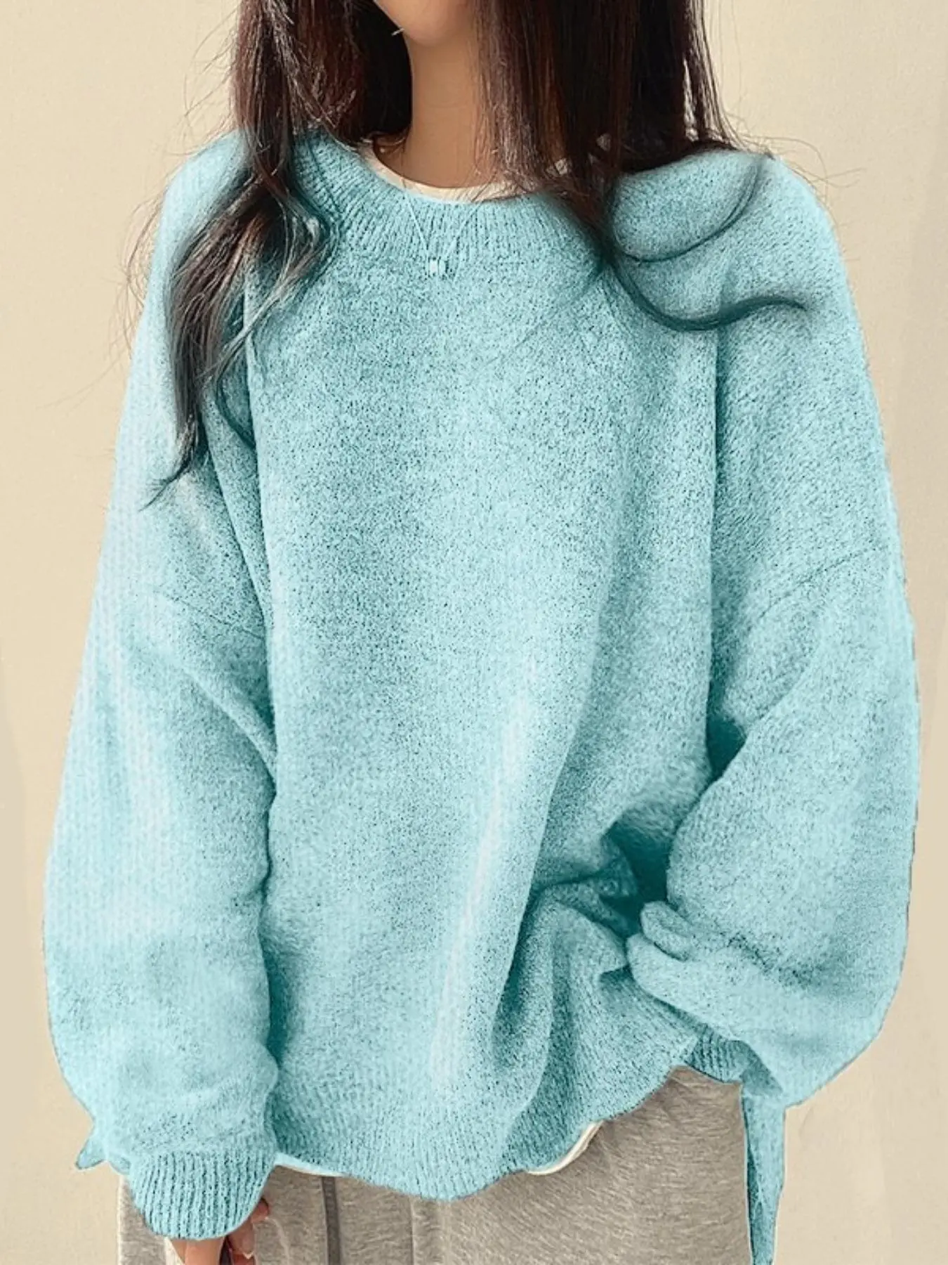 Women’s Long Sleeve Knit Sweater – Relaxed Drop Shoulder Jumper with Split Hem