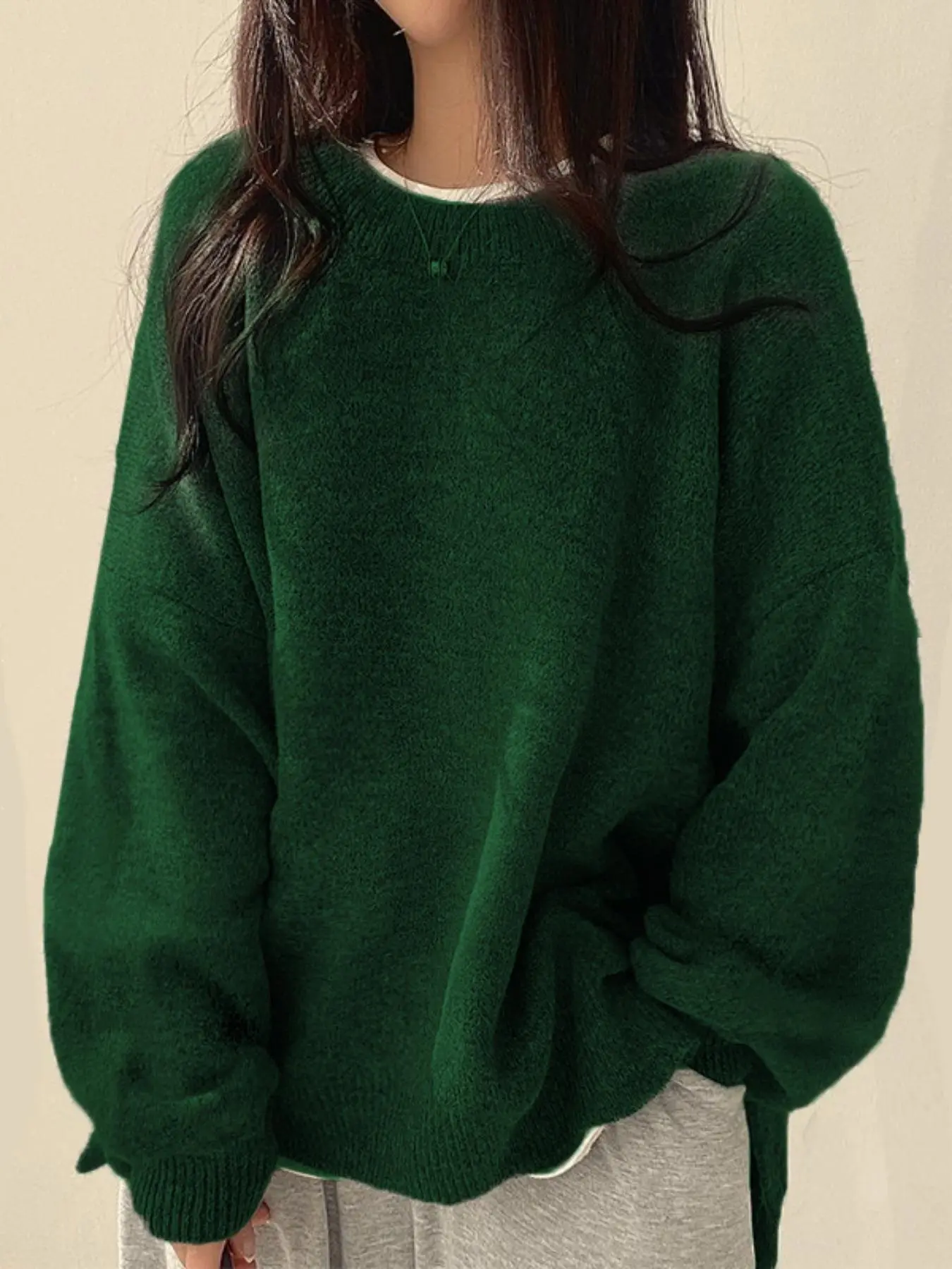 Women’s Long Sleeve Knit Sweater – Relaxed Drop Shoulder Jumper with Split Hem