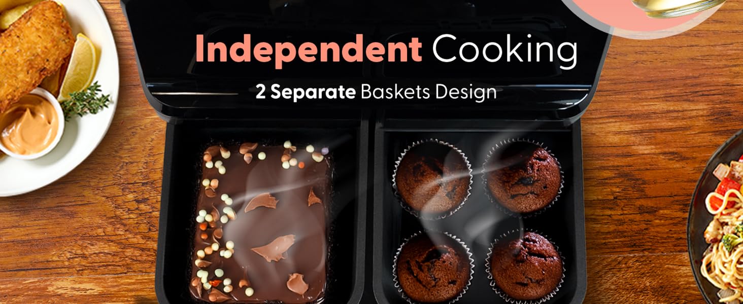 Text reads 'Independent Cooking' with '2 Separate Cookers Design'. Images showing cooking scenes with food preparation and dining.