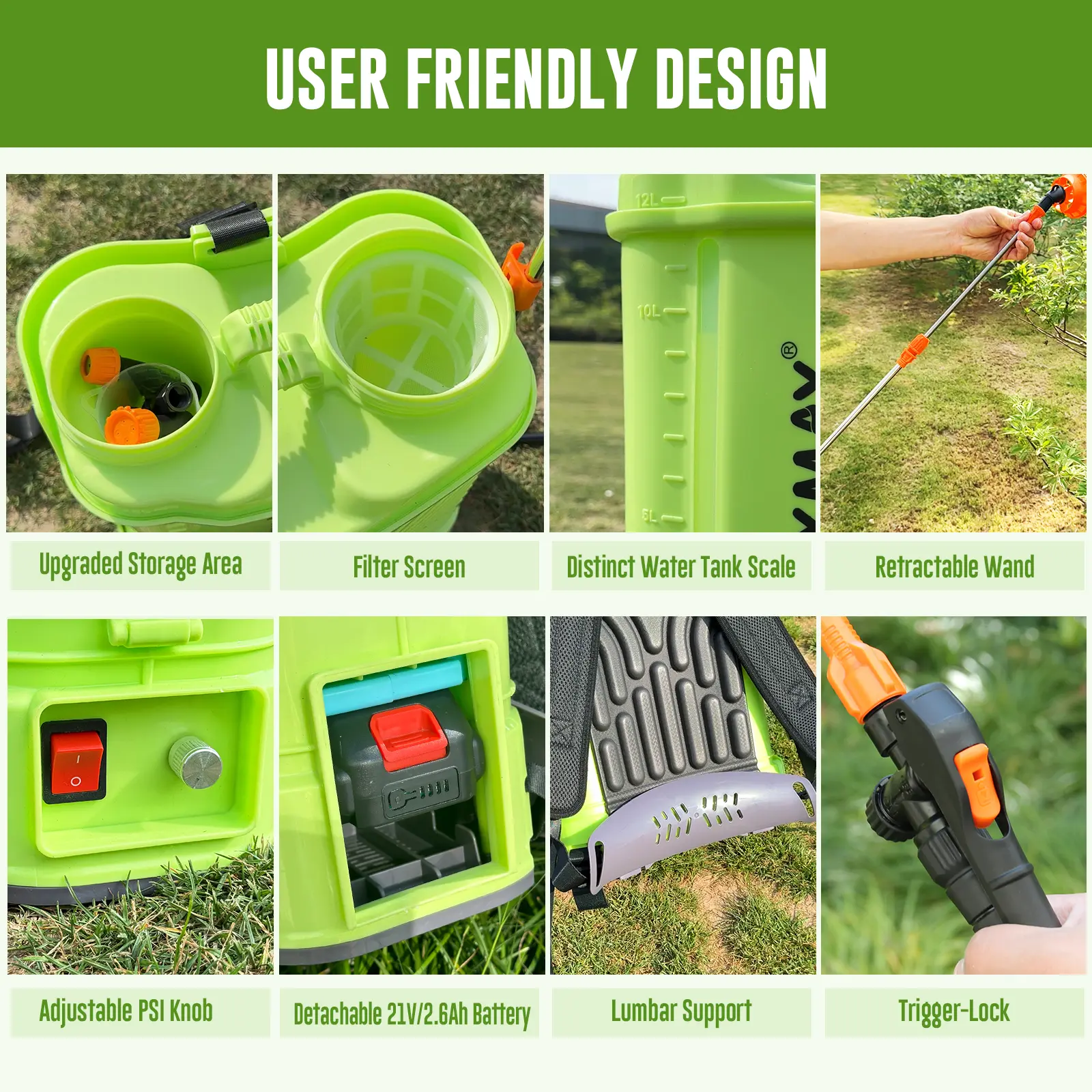 3.2 Gallon / 12L Cordless Backpack Garden Sprayer, 80 PSI (Compatible with Makita 18V, 5 Nozzles & 2.0Ah Battery)