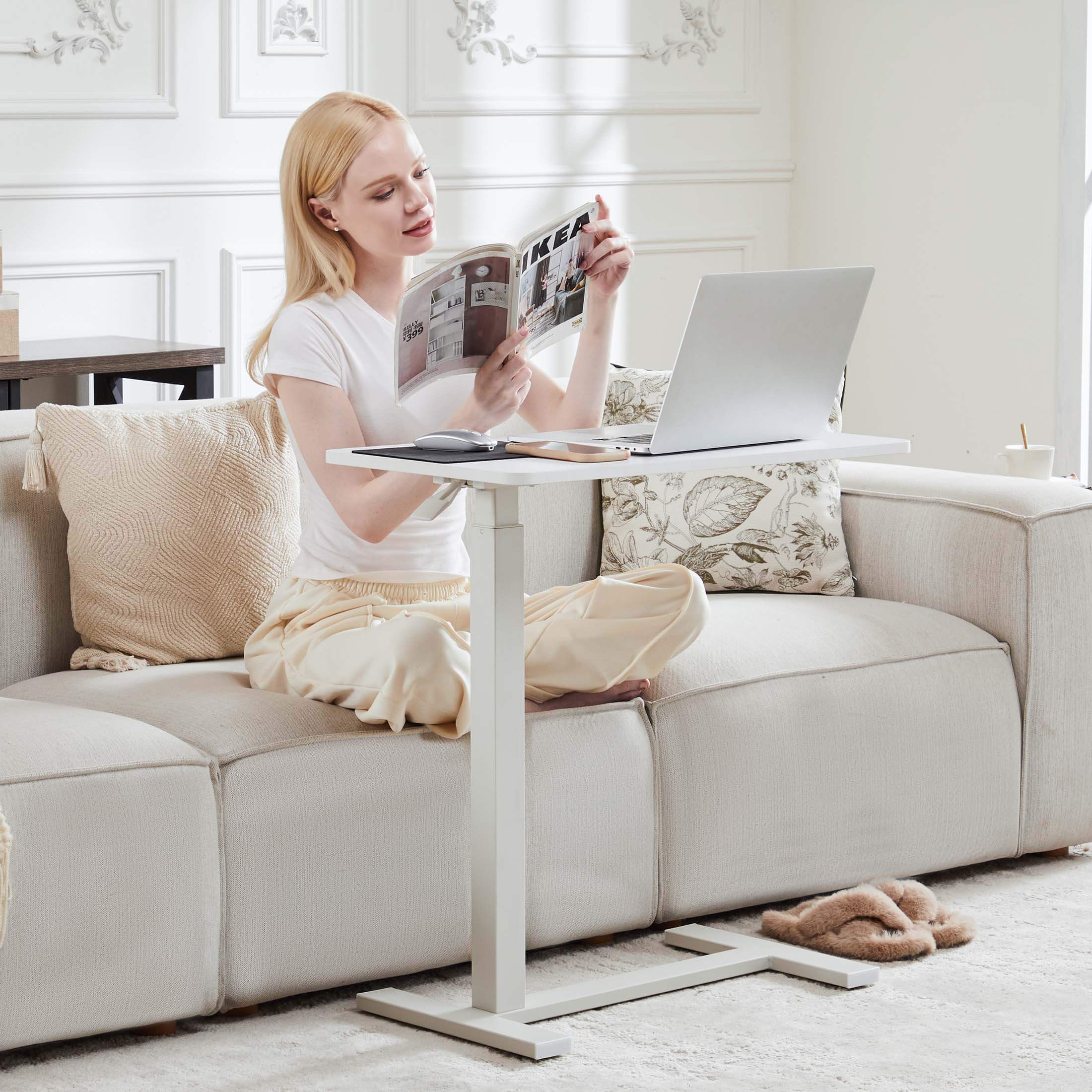 L-Shaped Modern Bedside Table with Wheels, Adjustable Height Tray, Mobile Laptop PC Workstation