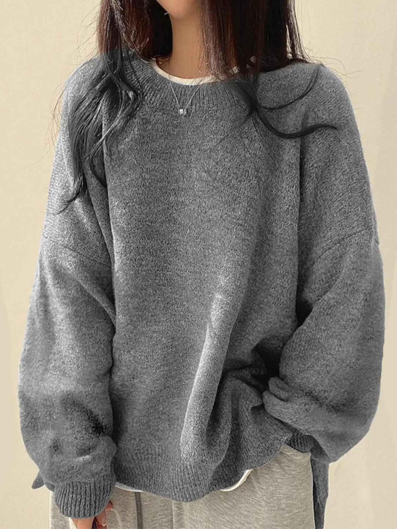 Women’s Long Sleeve Knit Sweater – Relaxed Drop Shoulder Jumper with Split Hem