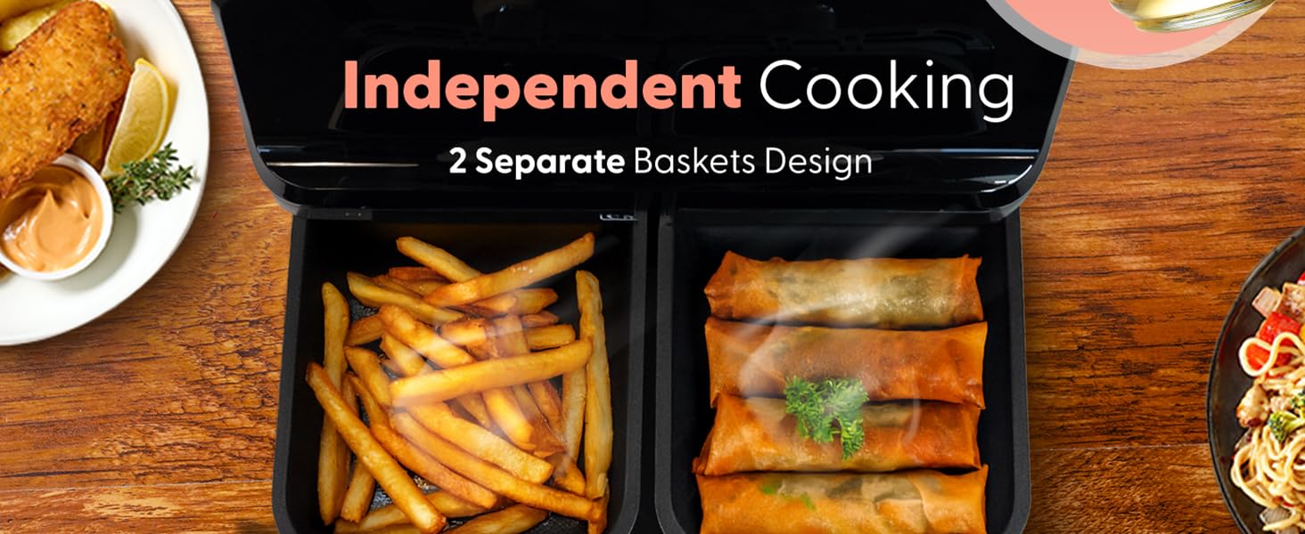 Text reads 'Independent Cooking' with '2 Separate Burners Design'. Kitchen appliance or cooking surface shown in warm lighting conditions.