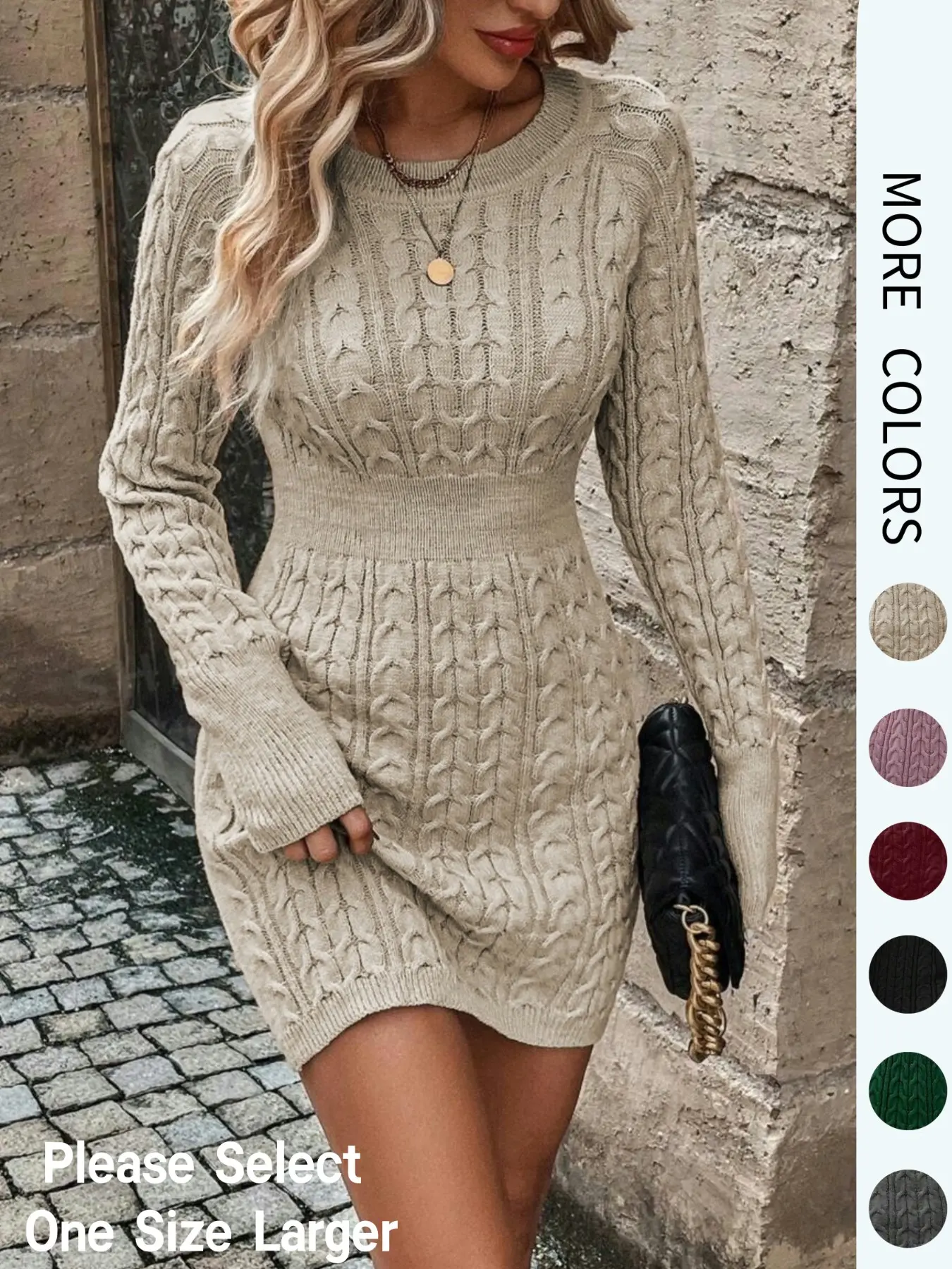 Women’s Cable Knit Sweater Dress – Long Sleeve Round Neck Bodycon Dress for Autumn & Winter