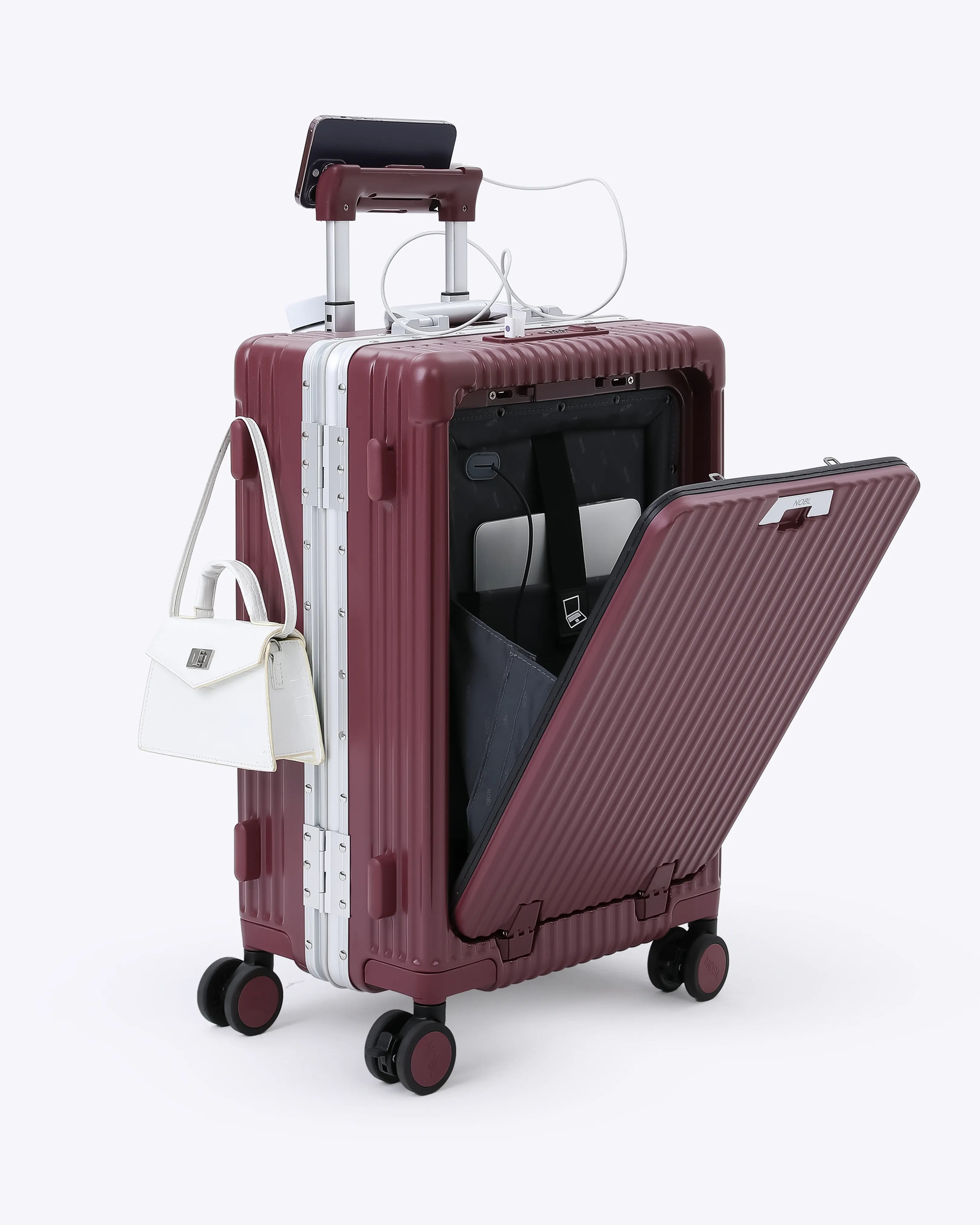 All-in-One Smart Carry-On Suitcase with GPS Tracking, Front Laptop Pocket, USB Charger & Cup Holder