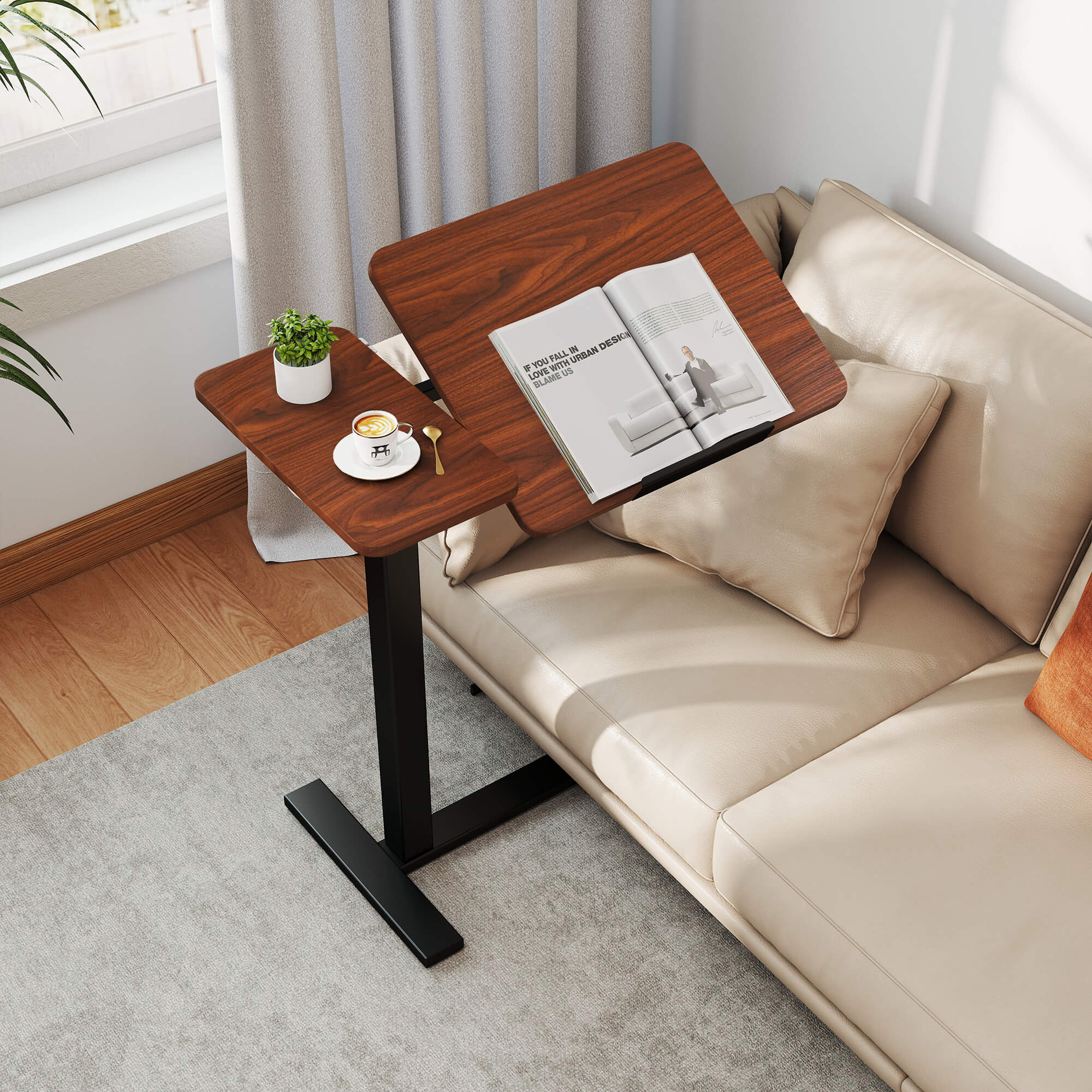 L-Shaped Modern Bedside Table with Wheels, Adjustable Height Tray, Mobile Laptop PC Workstation