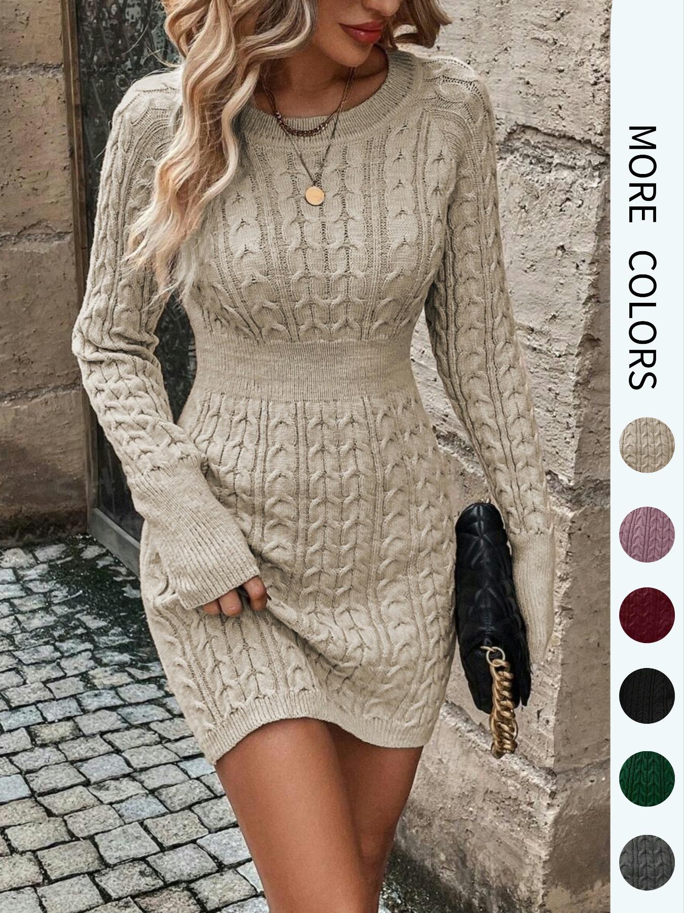 Women's Plain Round Neck Cable-Knit Bodycon Sweater Dress, Womenswear Elegant Fashion Casual Long Sleeve Jumper Dress for Everyday Wear, Women's Knitwear for Fall & Winter, Casual Elegance Chic