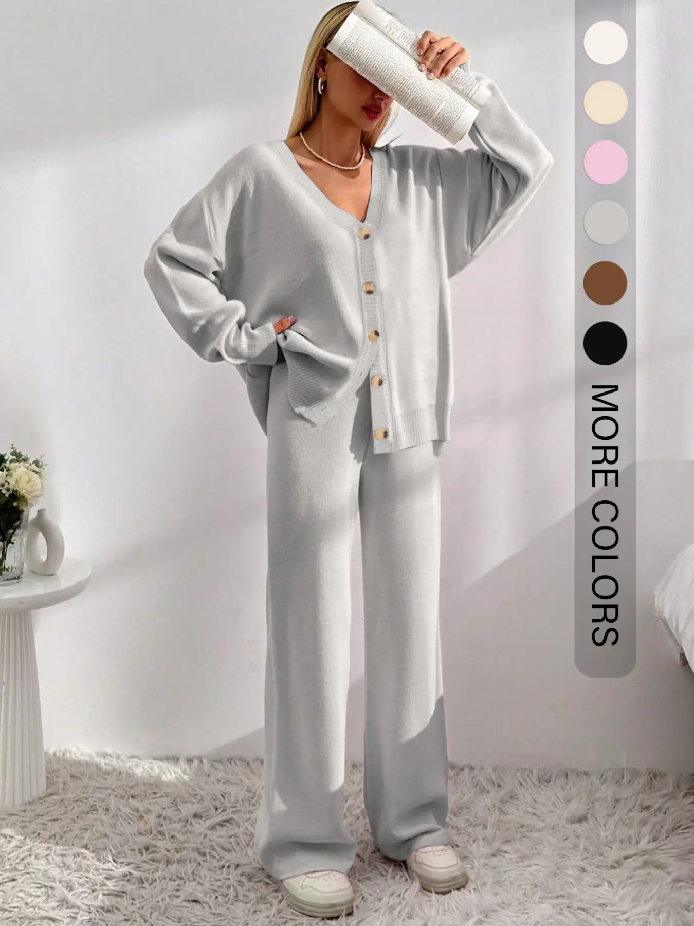 Women’s V-Neck Knit Set – Button Front Cardigan & Wide-Leg Trousers for Autumn & Winter