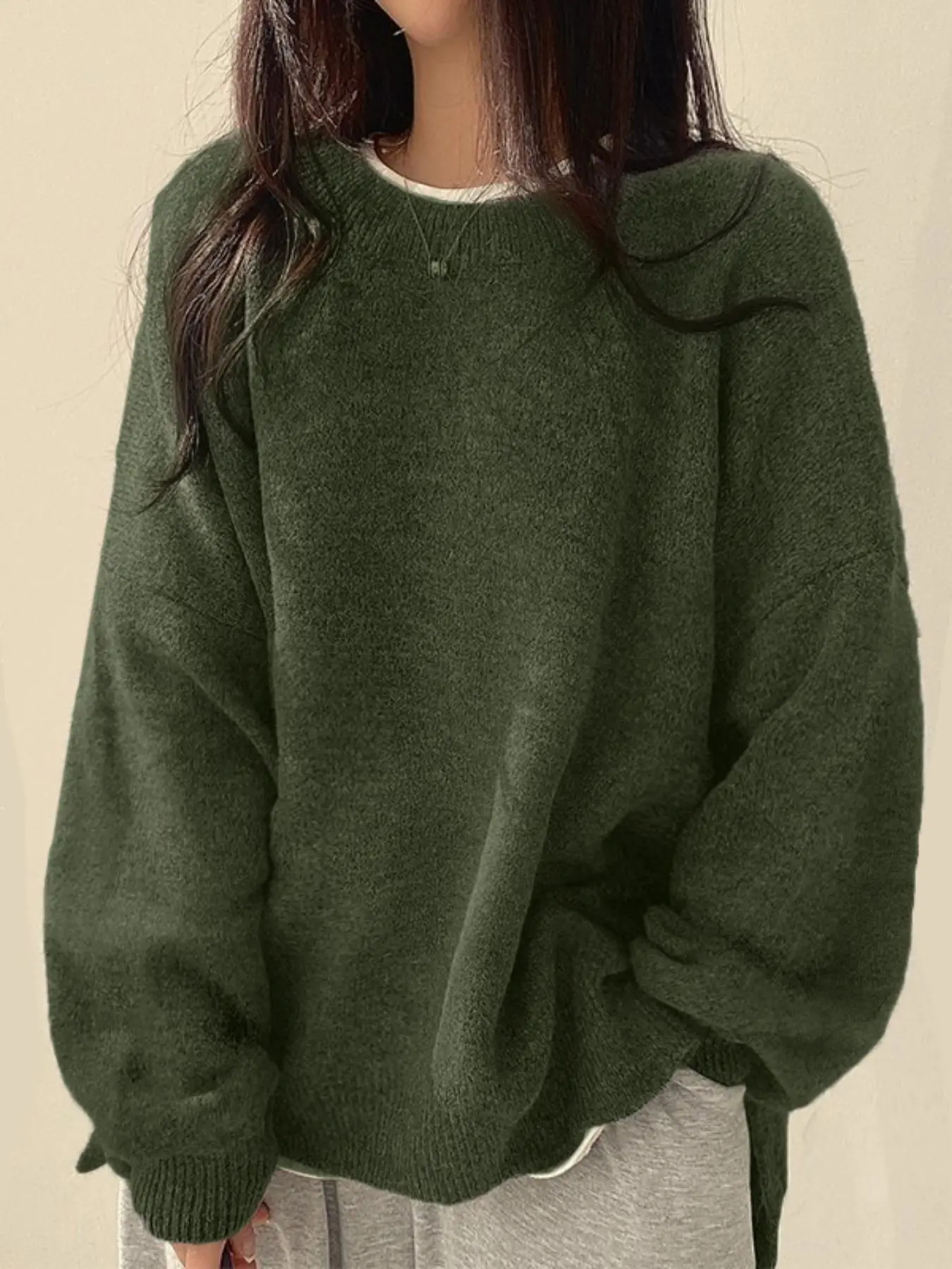 Women’s Long Sleeve Knit Sweater – Relaxed Drop Shoulder Jumper with Split Hem