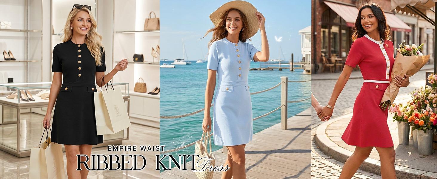 MEROKEETY Women's Summer Bodycon Sweater Dress Business Casual Outfis Short Sleeve Knit Button Formal Elegant Work Dress