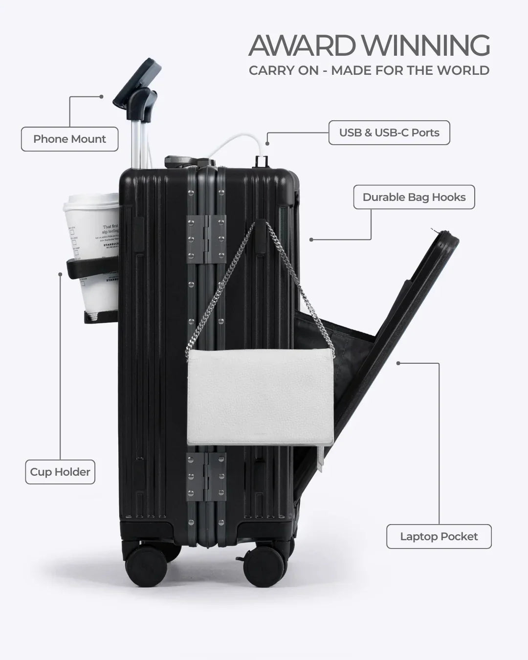 All-in-One Smart Carry-On Suitcase with GPS Tracking, Front Laptop Pocket, USB Charger & Cup Holder