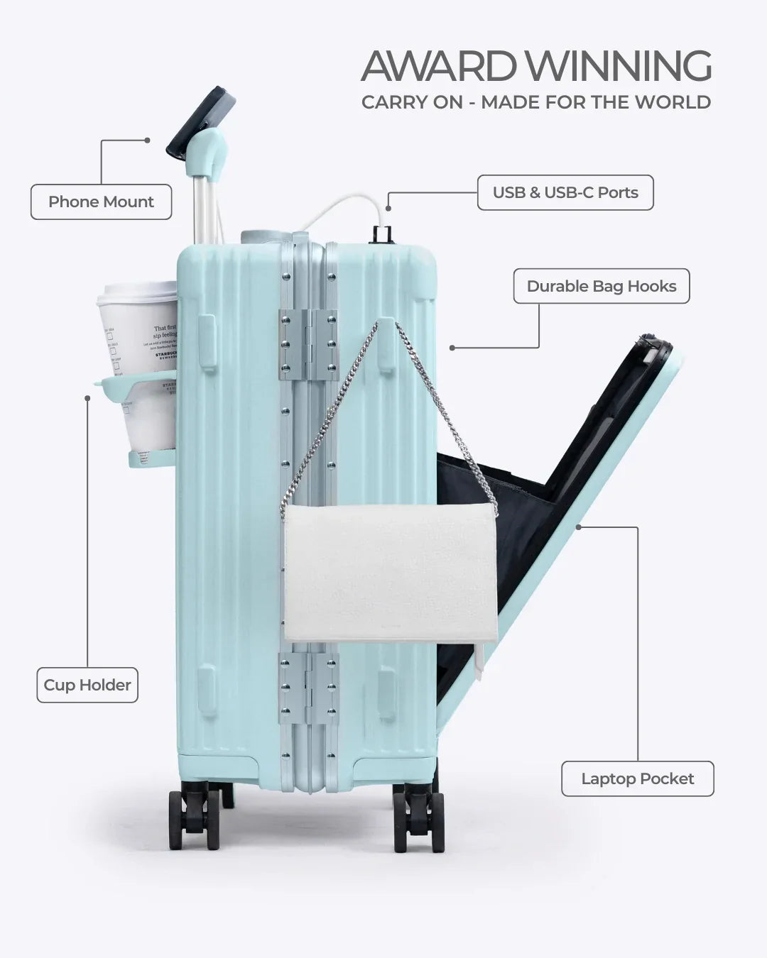 All-in-One Smart Carry-On Suitcase with GPS Tracking, Front Laptop Pocket, USB Charger & Cup Holder