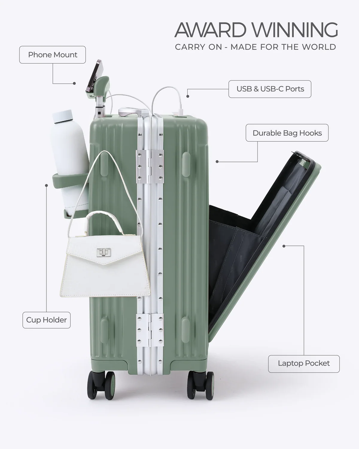 All-in-One Smart Carry-On Suitcase with GPS Tracking, Front Laptop Pocket, USB Charger & Cup Holder