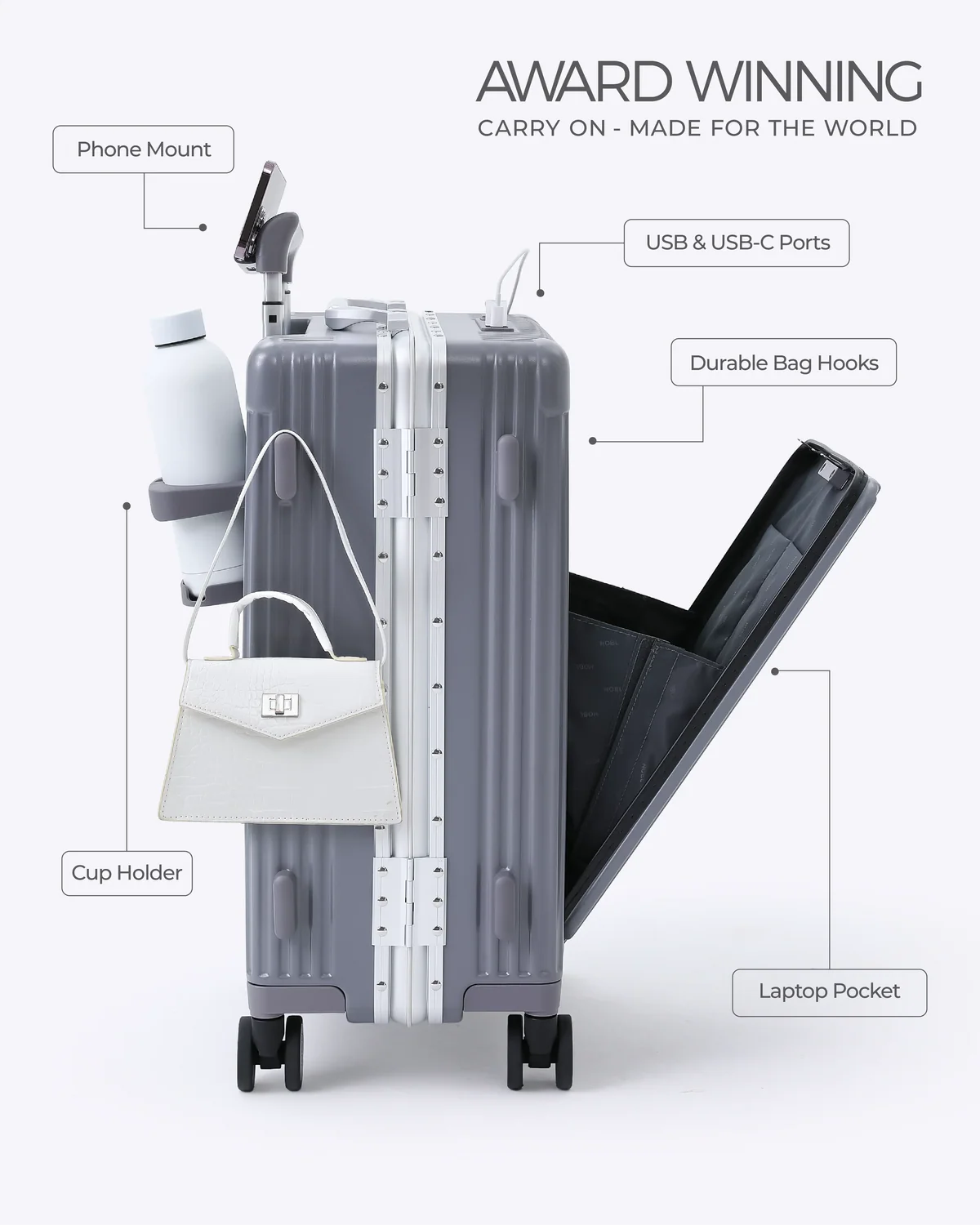 All-in-One Smart Carry-On Suitcase with GPS Tracking, Front Laptop Pocket, USB Charger & Cup Holder