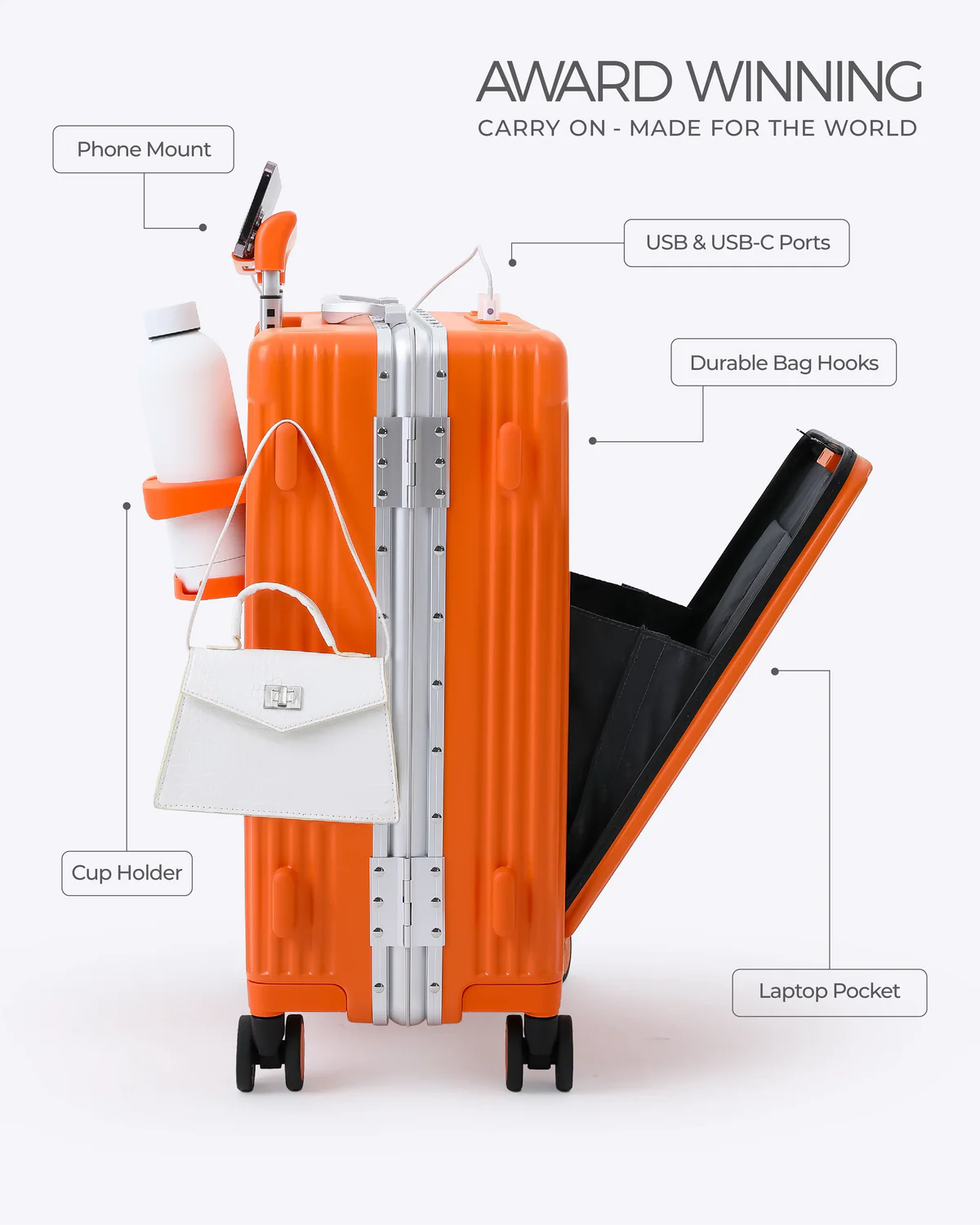 All-in-One Smart Carry-On Suitcase with GPS Tracking, Front Laptop Pocket, USB Charger & Cup Holder