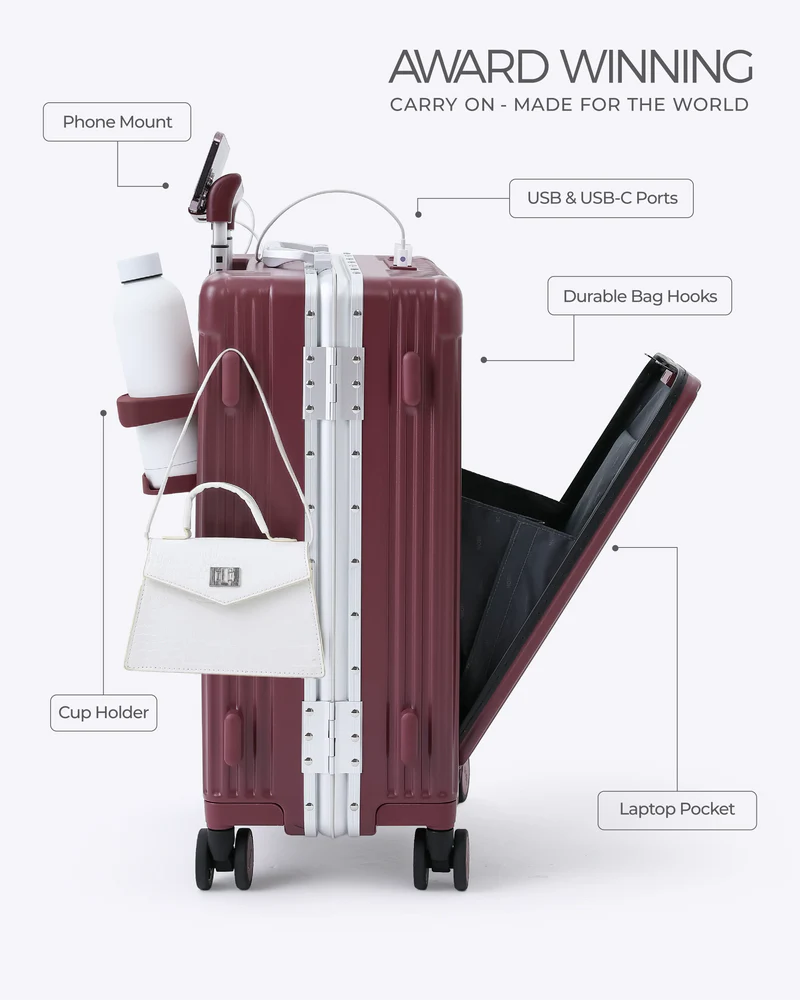 All-in-One Smart Carry-On Suitcase with GPS Tracking, Front Laptop Pocket, USB Charger & Cup Holder