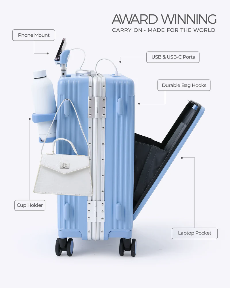 All-in-One Smart Carry-On Suitcase with GPS Tracking, Front Laptop Pocket, USB Charger & Cup Holder