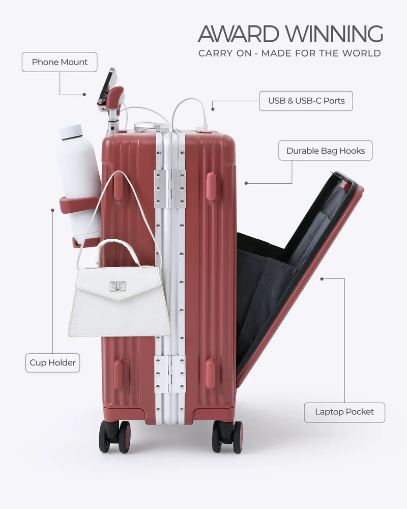 All-in-One Smart Carry-On Suitcase with GPS Tracking, Front Laptop Pocket, USB Charger & Cup Holder