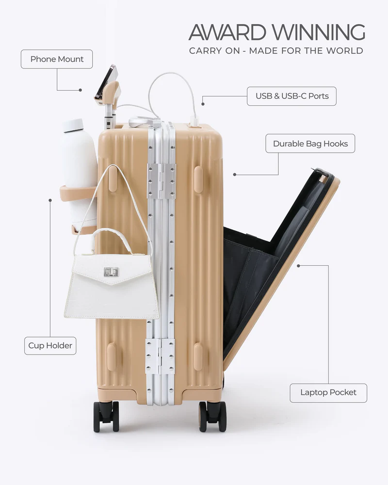 All-in-One Smart Carry-On Suitcase with GPS Tracking, Front Laptop Pocket, USB Charger & Cup Holder