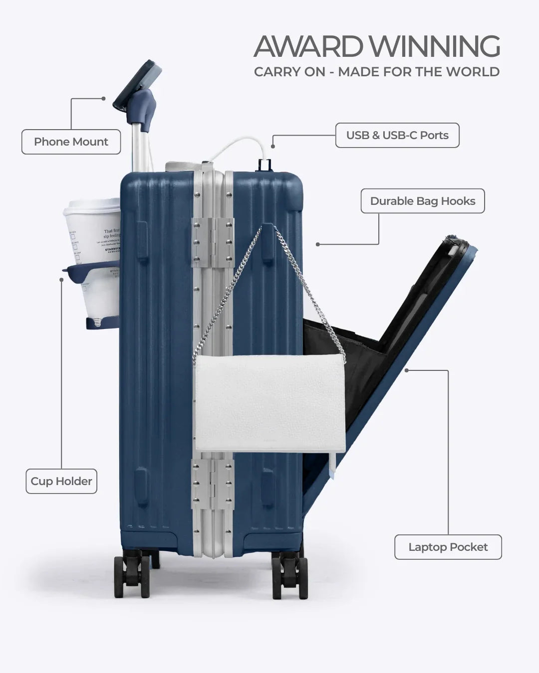All-in-One Smart Carry-On Suitcase with GPS Tracking, Front Laptop Pocket, USB Charger & Cup Holder