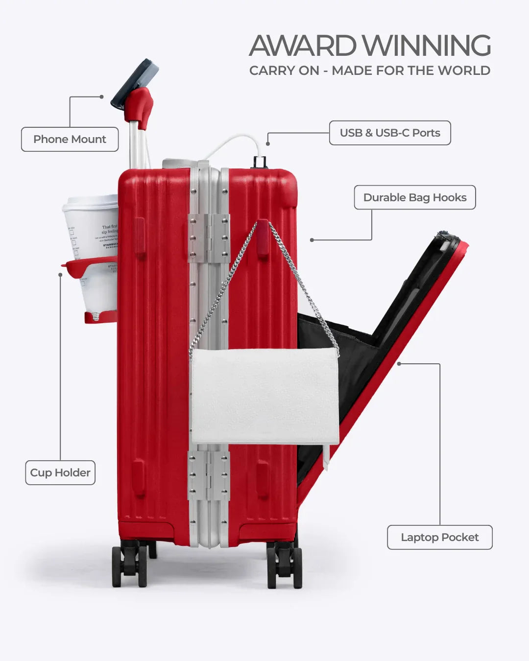 All-in-One Smart Carry-On Suitcase with GPS Tracking, Front Laptop Pocket, USB Charger & Cup Holder