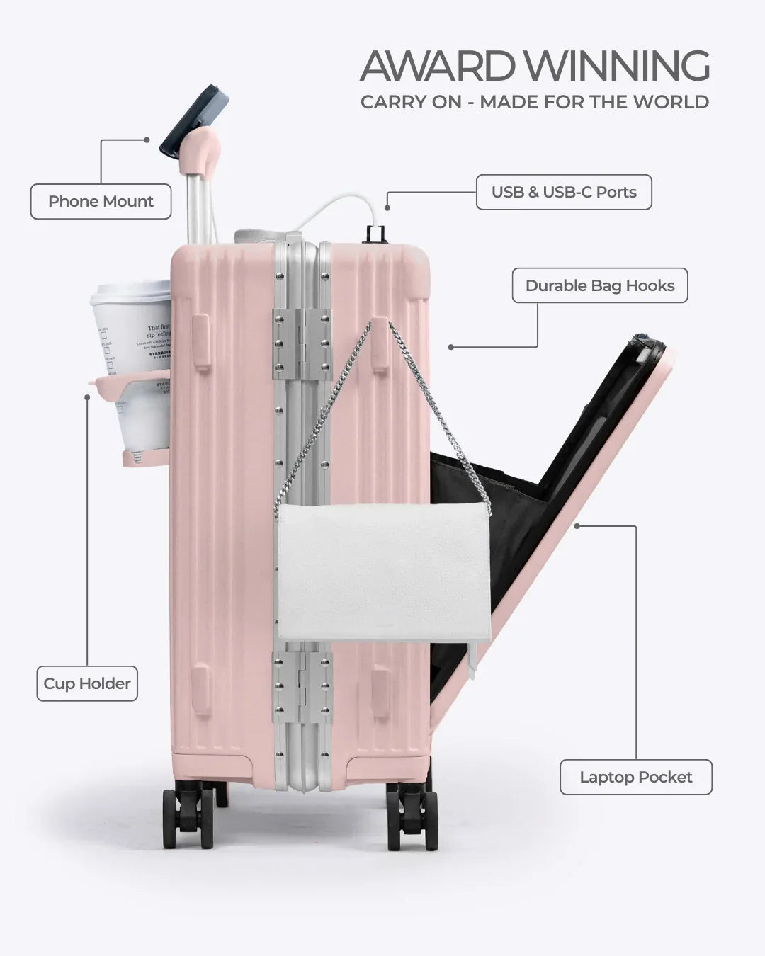 All-in-One Smart Carry-On Suitcase with GPS Tracking, Front Laptop Pocket, USB Charger & Cup Holder
