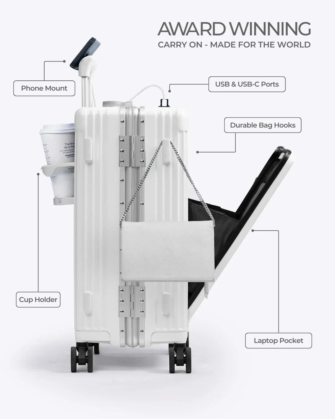 All-in-One Smart Carry-On Suitcase with GPS Tracking, Front Laptop Pocket, USB Charger & Cup Holder