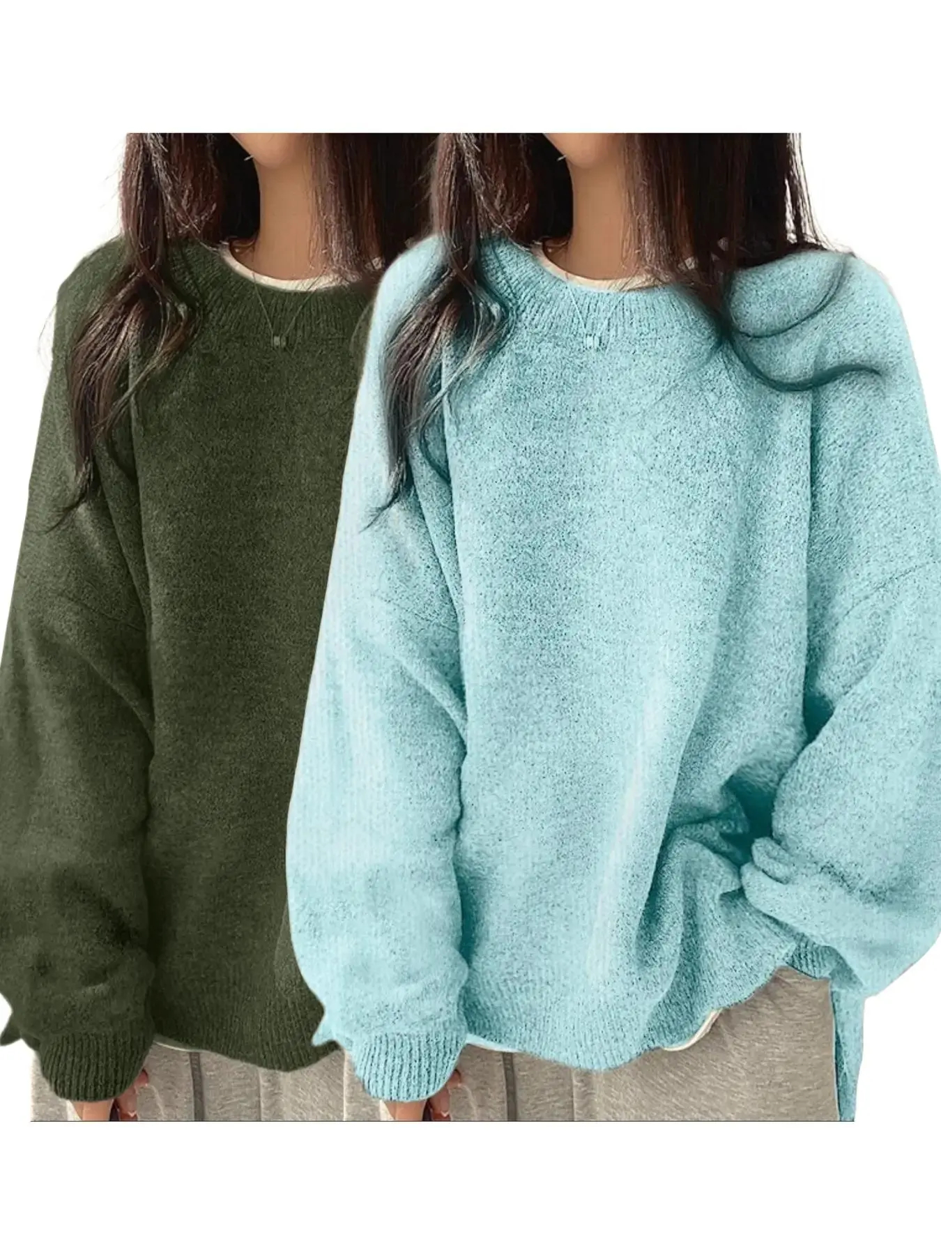 Women’s Long Sleeve Knit Sweater – Relaxed Drop Shoulder Jumper with Split Hem