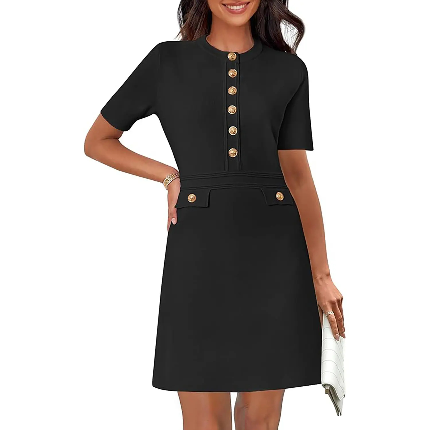 Women’s Short Sleeve Knit Dress – Slim Fit Button Front Midi Dress for Work & Everyday Wear