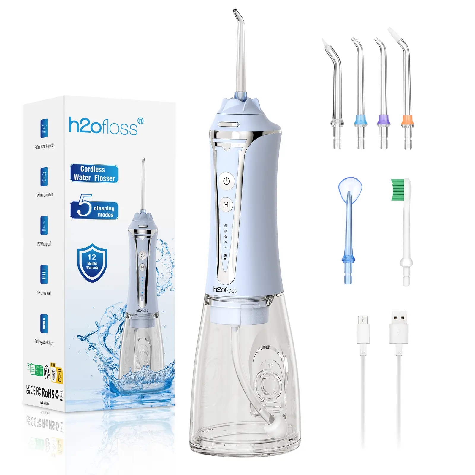 Rechargeable Water Flosser for Teeth - 5 Modes Portable Oral Irrigator with 300ml Water Tank for Home & Travel