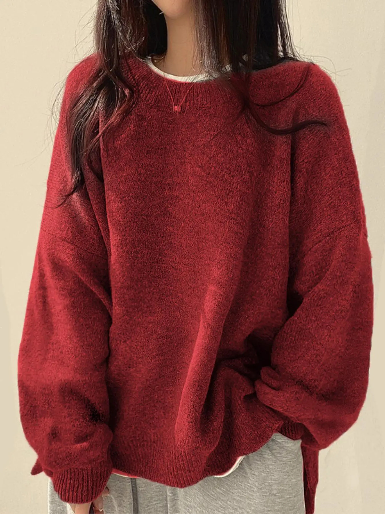 Women’s Long Sleeve Knit Sweater – Relaxed Drop Shoulder Jumper with Split Hem
