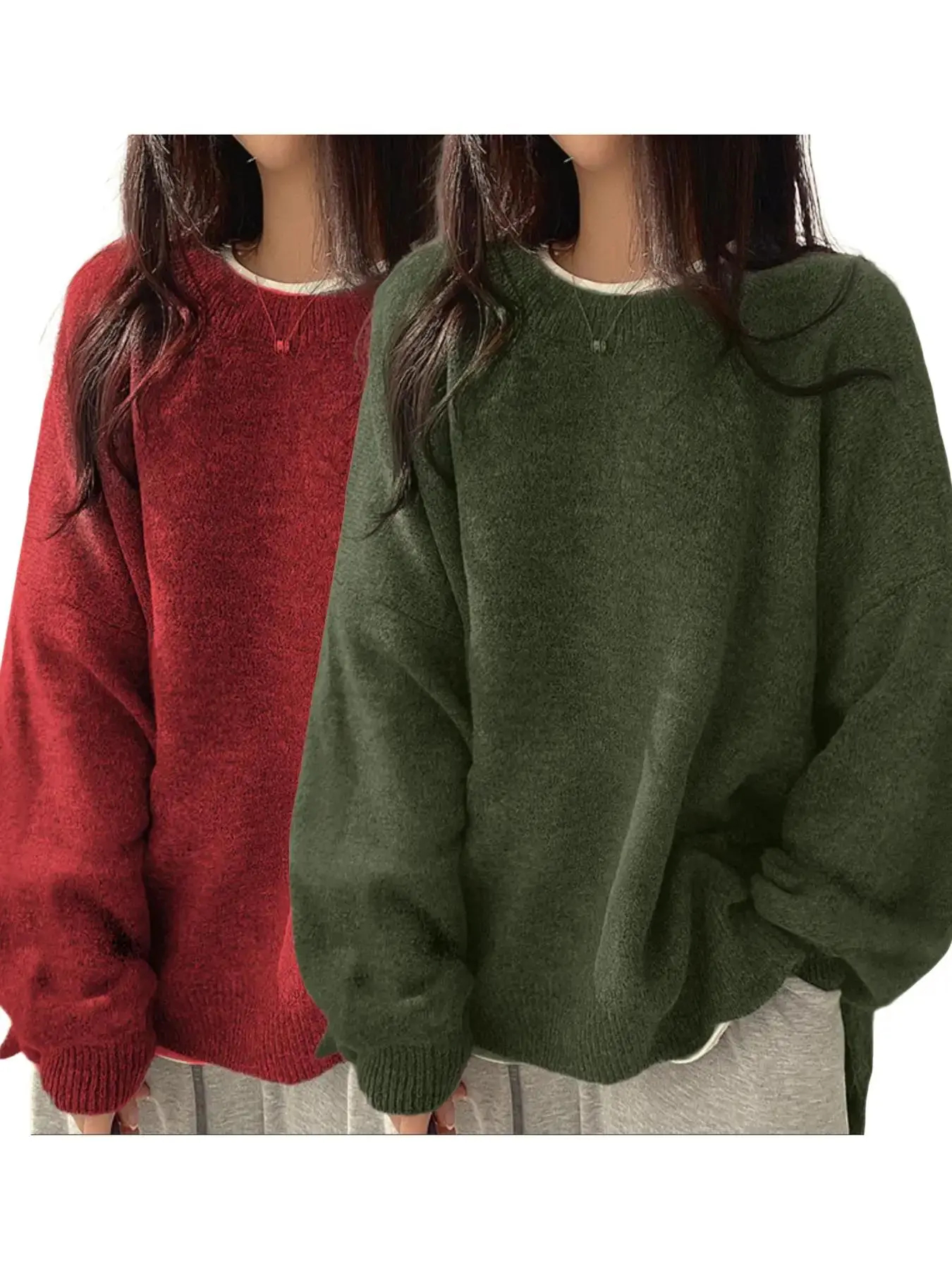 Women’s Long Sleeve Knit Sweater – Relaxed Drop Shoulder Jumper with Split Hem