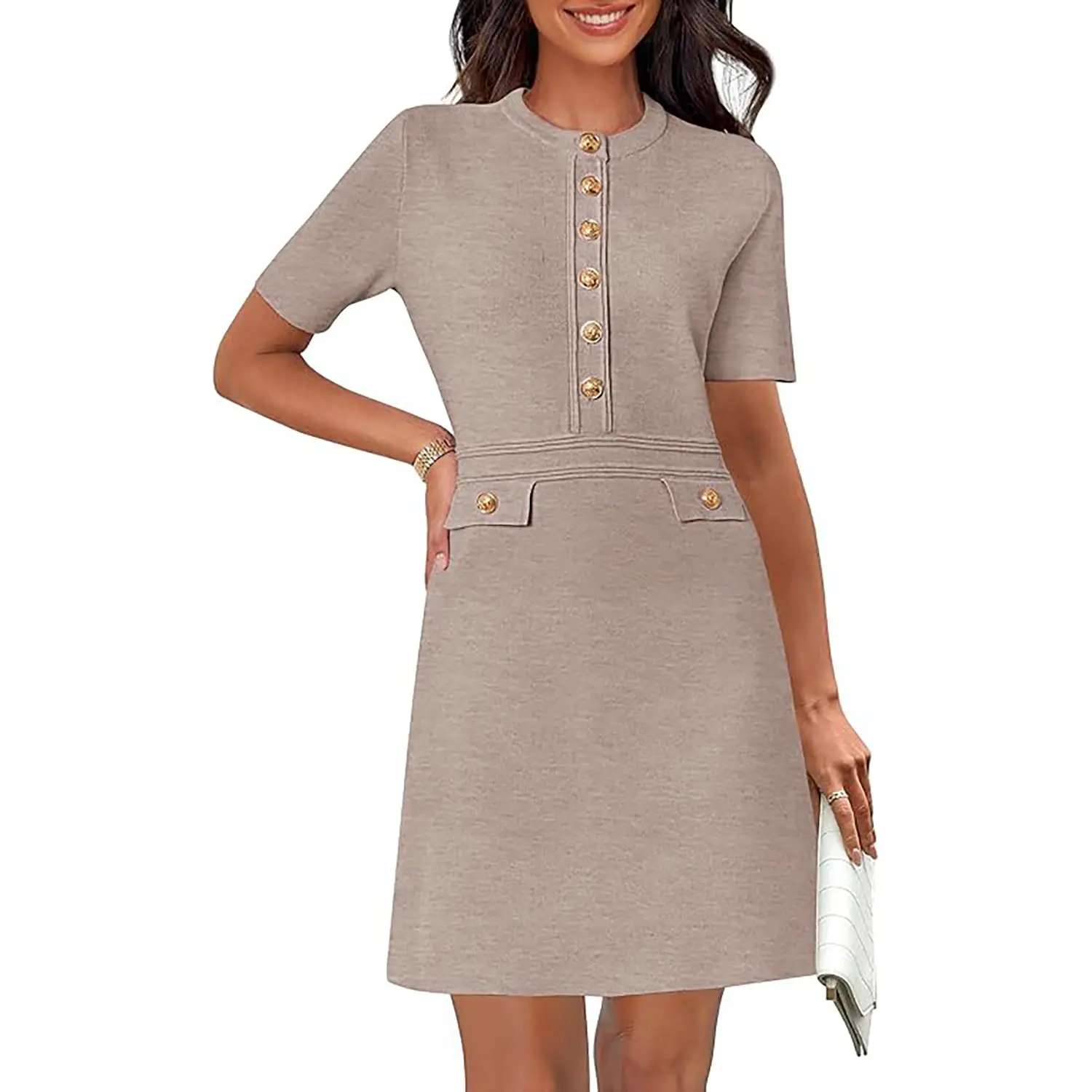 Women’s Short Sleeve Knit Dress – Slim Fit Button Front Midi Dress for Work & Everyday Wear
