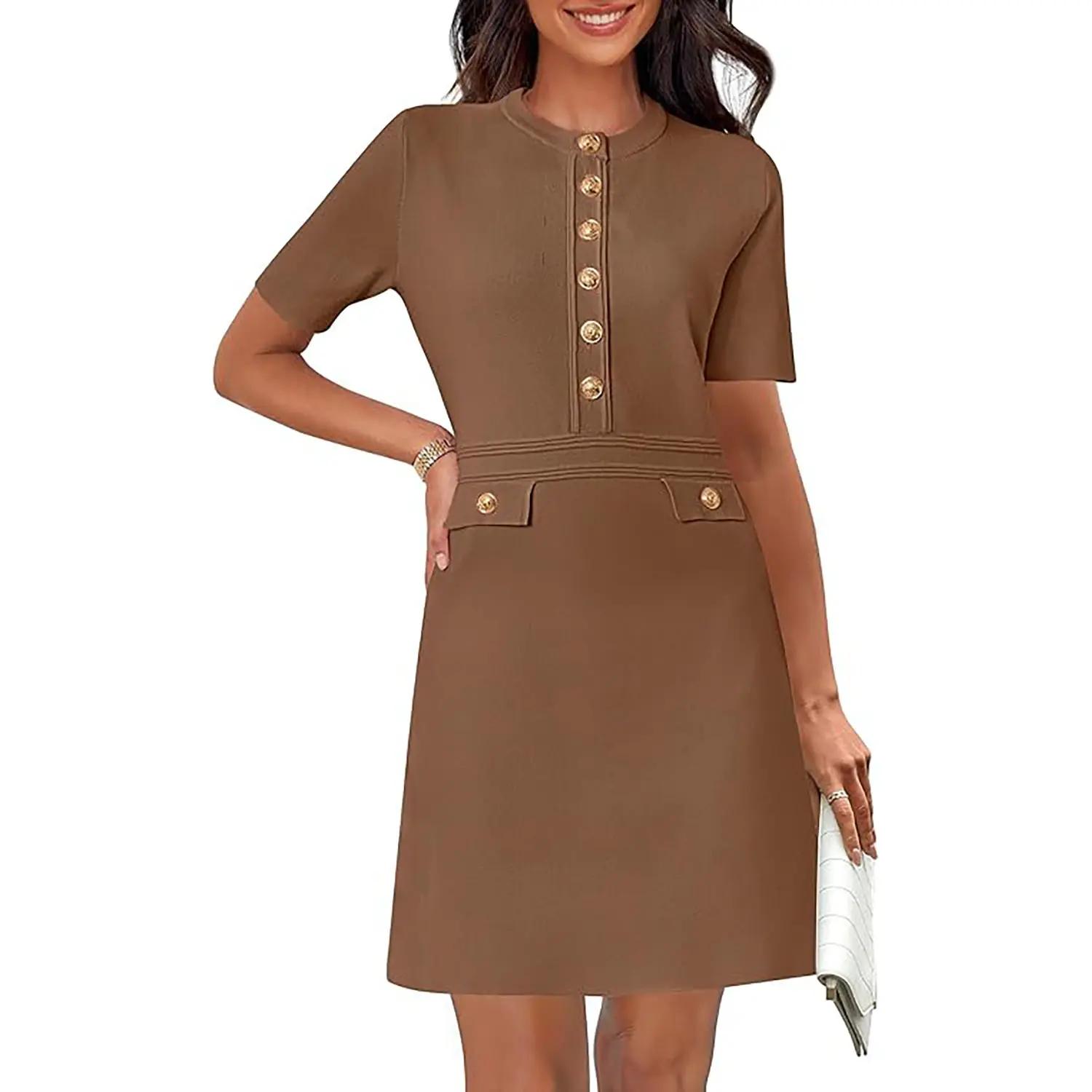 Women’s Short Sleeve Knit Dress – Slim Fit Button Front Midi Dress for Work & Everyday Wear