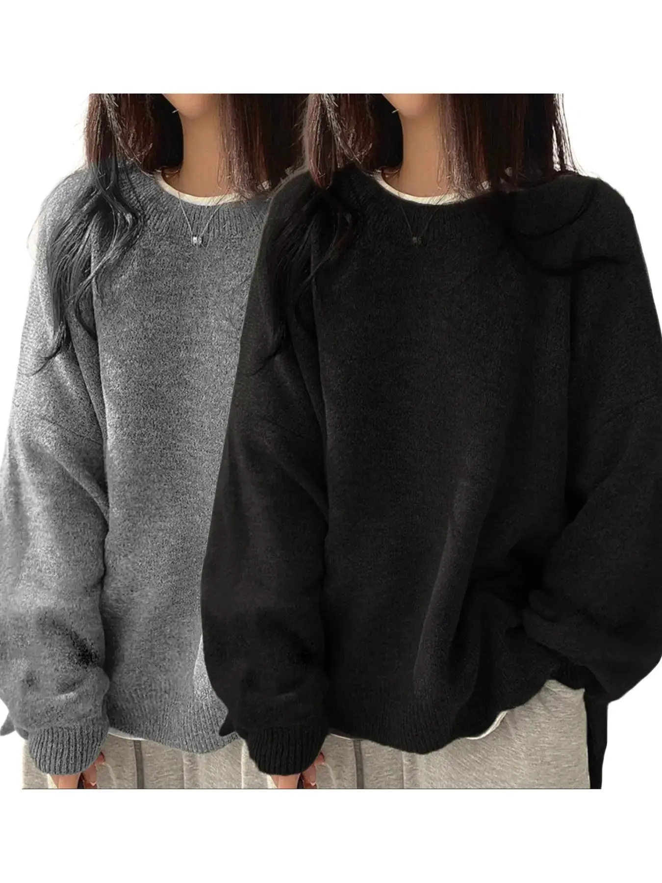 Women’s Long Sleeve Knit Sweater – Relaxed Drop Shoulder Jumper with Split Hem