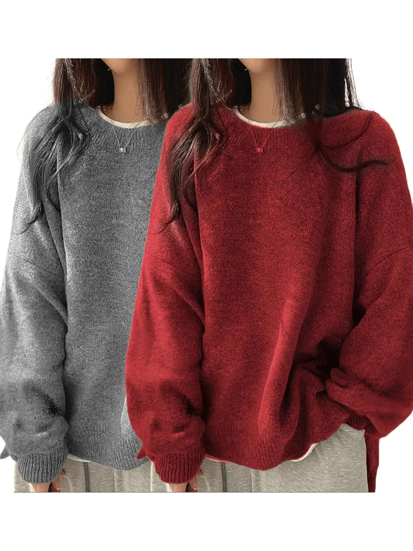 Women’s Long Sleeve Knit Sweater – Relaxed Drop Shoulder Jumper with Split Hem