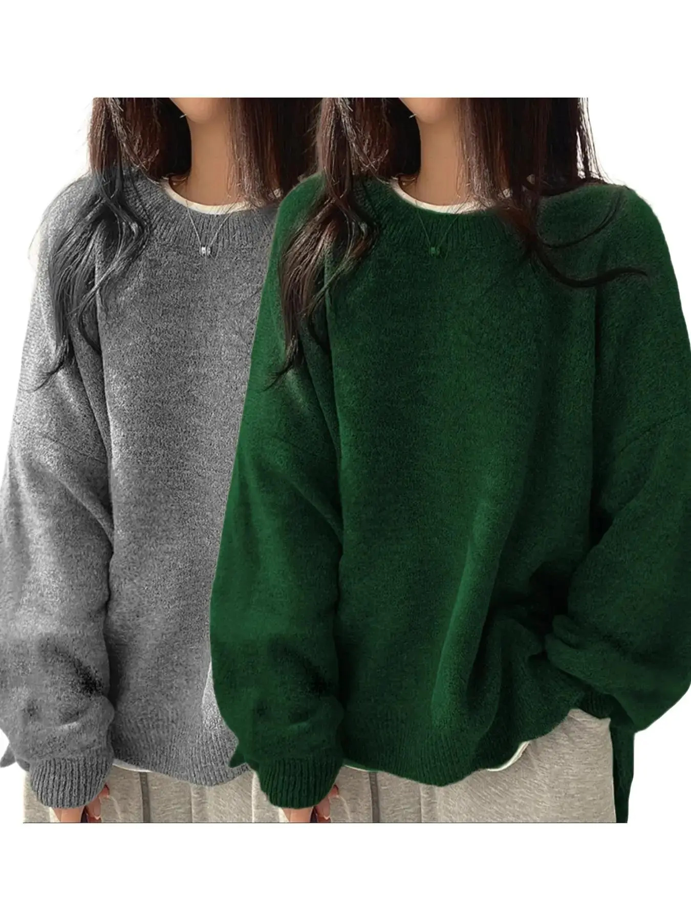 Women’s Long Sleeve Knit Sweater – Relaxed Drop Shoulder Jumper with Split Hem