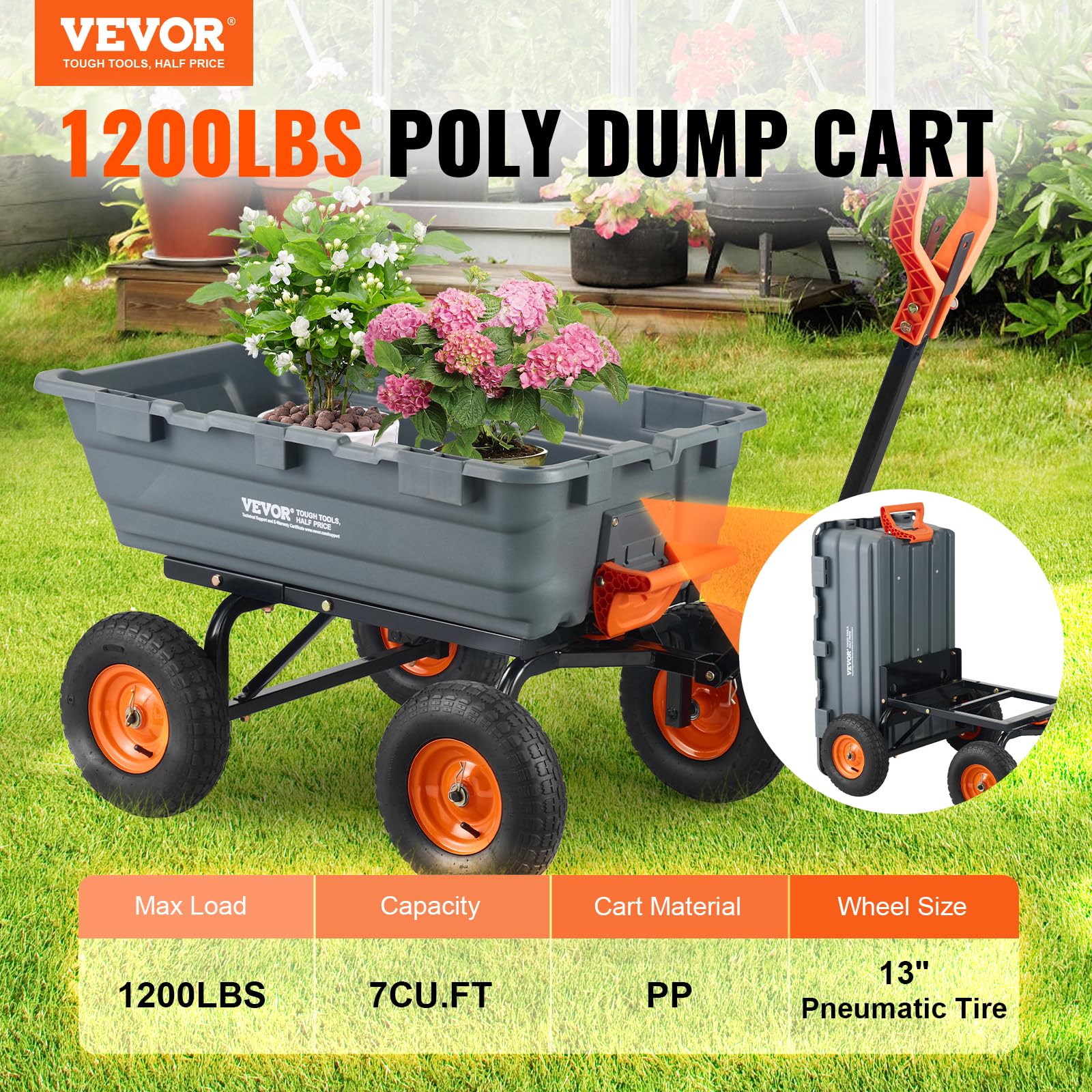 2-in-1 Convertible Garden Dump Cart: 1500lbs Heavy Duty Tow-Behind Trailer