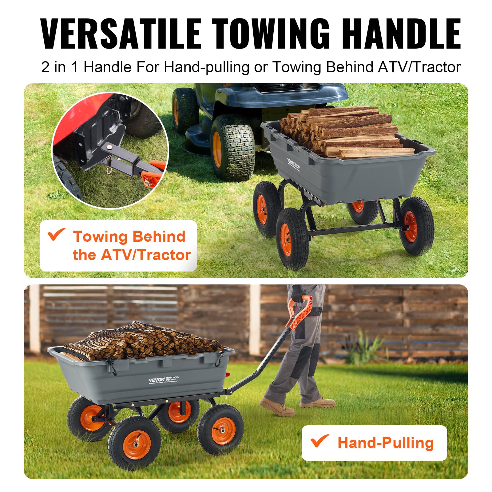 2-in-1 Convertible Garden Dump Cart: 1500lbs Heavy Duty Tow-Behind Trailer