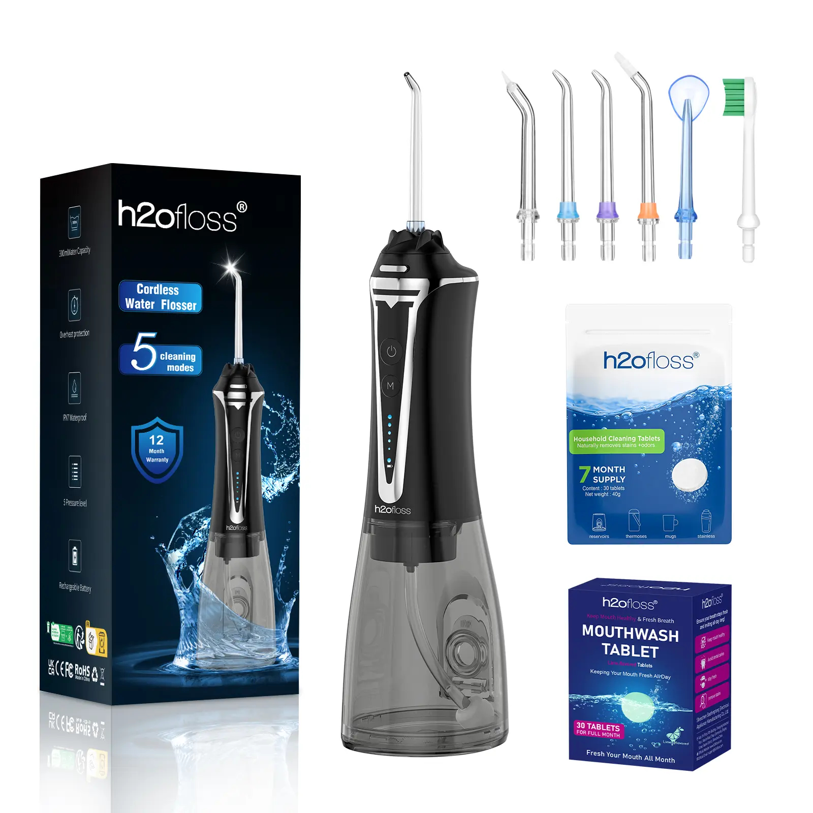 Rechargeable Water Flosser for Teeth - 5 Modes Portable Oral Irrigator with 300ml Water Tank for Home & Travel