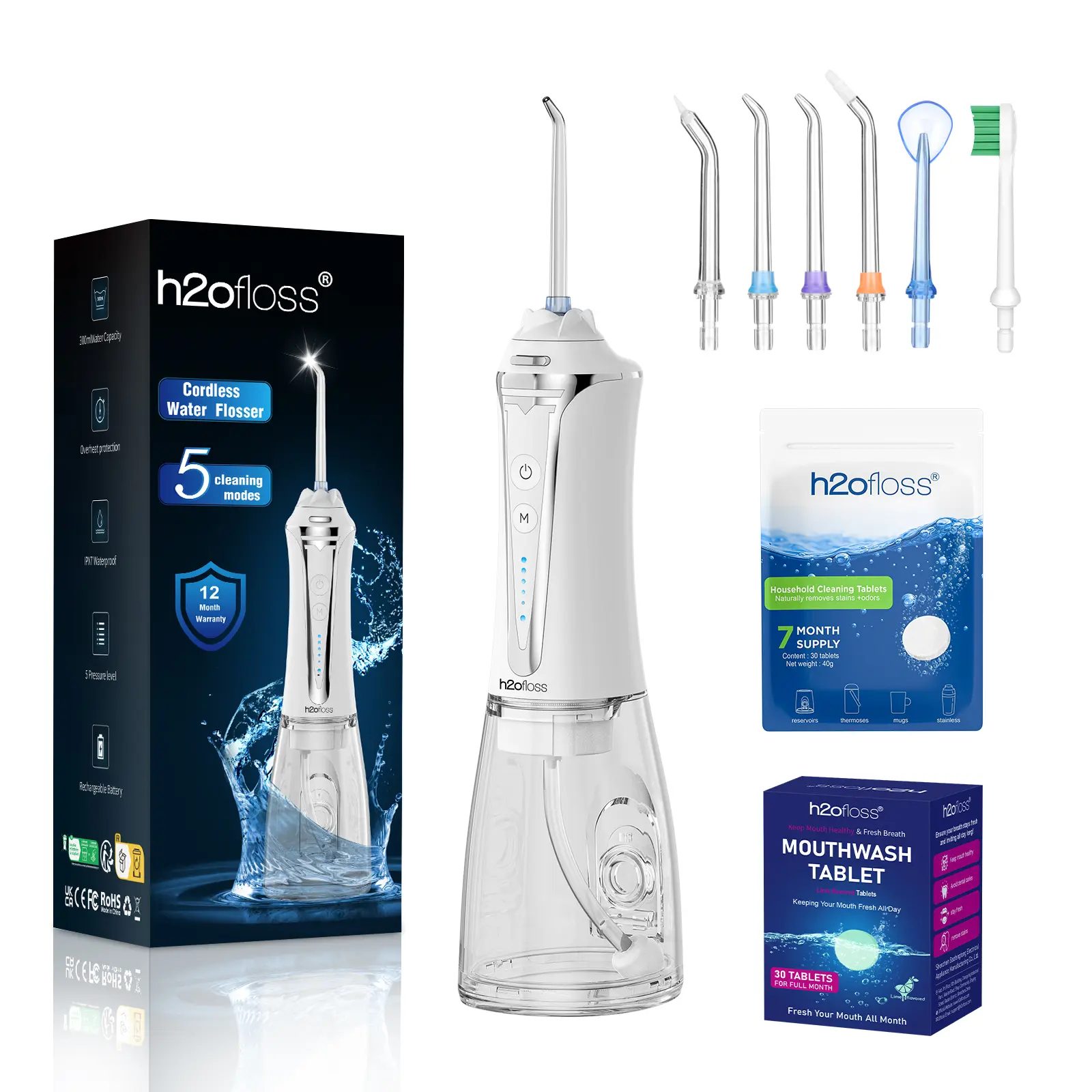 Rechargeable Water Flosser for Teeth - 5 Modes Portable Oral Irrigator with 300ml Water Tank for Home & Travel