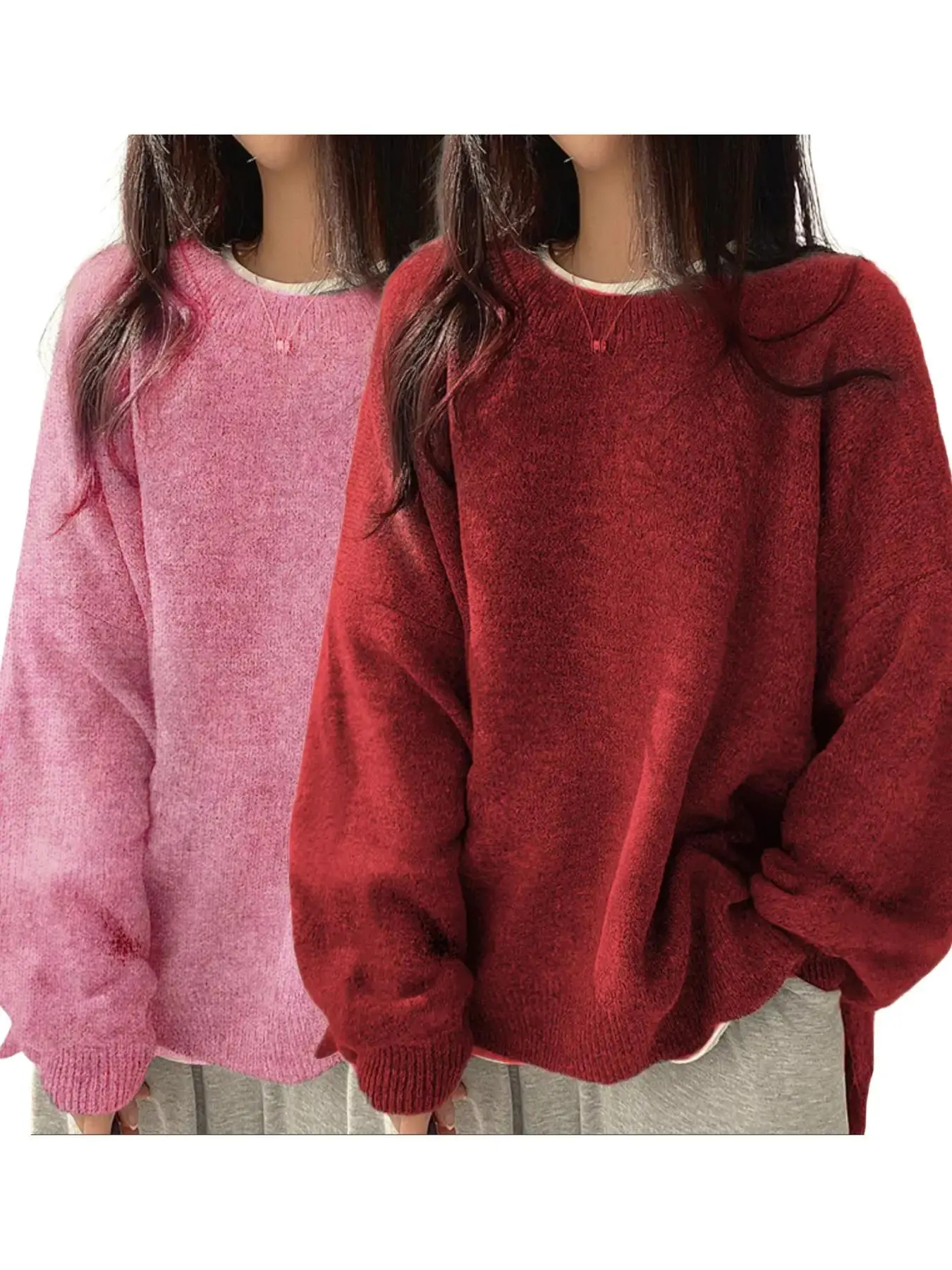 Women’s Long Sleeve Knit Sweater – Relaxed Drop Shoulder Jumper with Split Hem