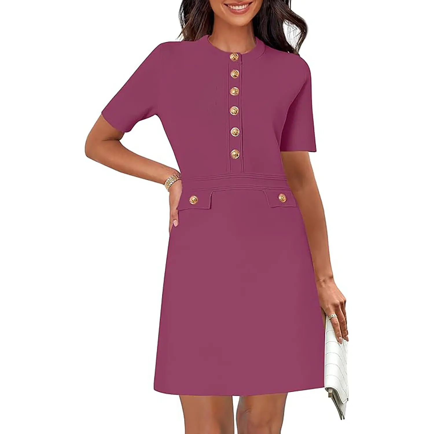 Women’s Short Sleeve Knit Dress – Slim Fit Button Front Midi Dress for Work & Everyday Wear