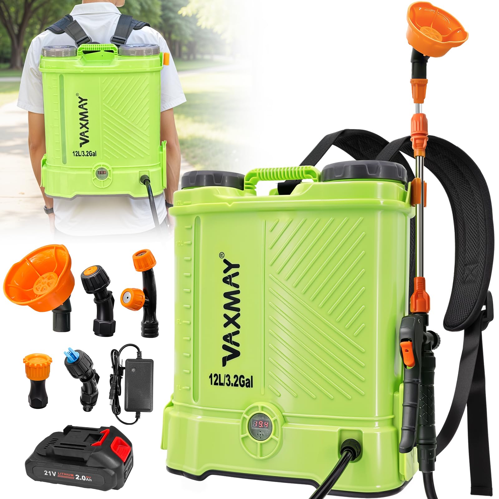 3.2 Gallon / 12L Cordless Backpack Garden Sprayer, 80 PSI (Compatible with Makita 18V, 5 Nozzles & 2.0Ah Battery)