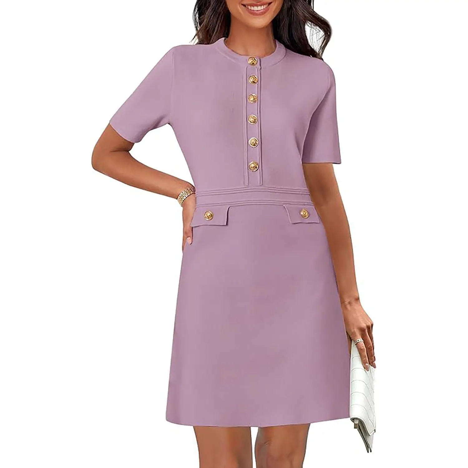 Women’s Short Sleeve Knit Dress – Slim Fit Button Front Midi Dress for Work & Everyday Wear