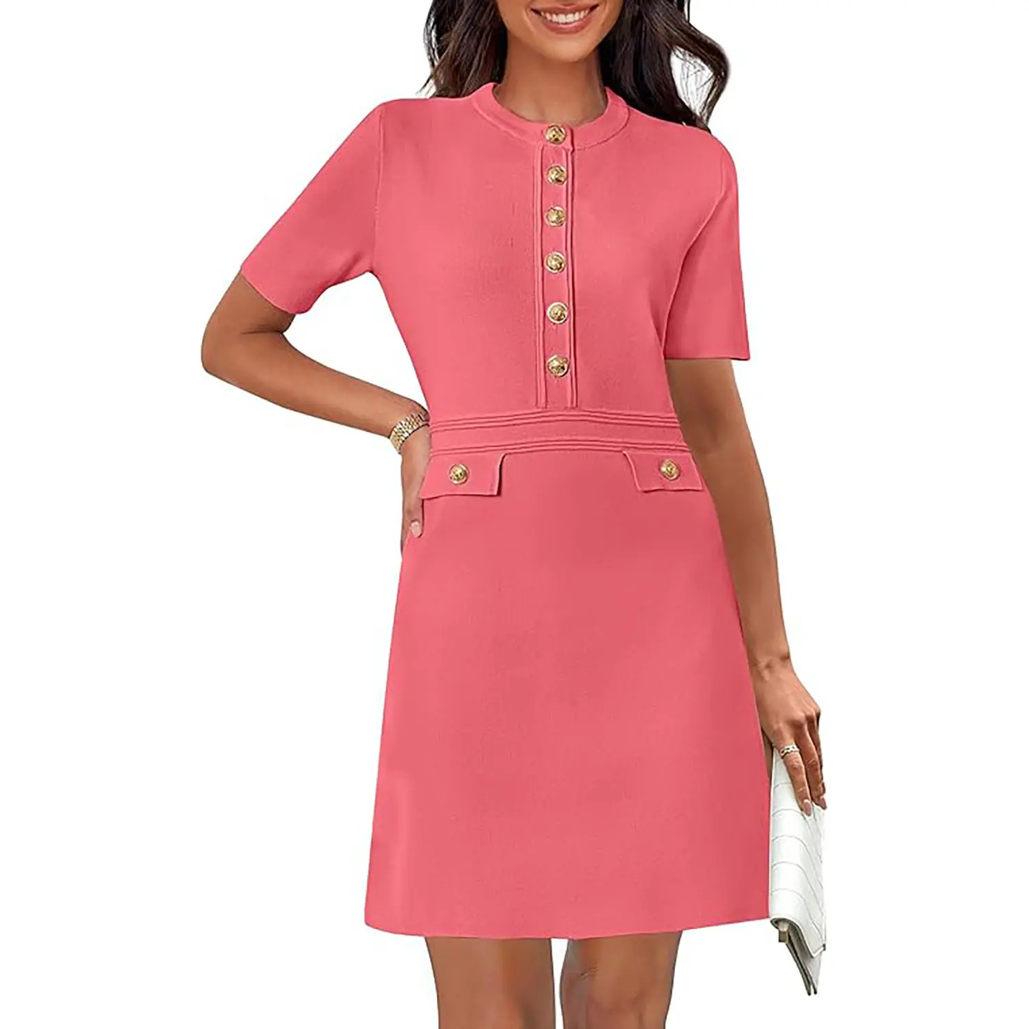 Women’s Short Sleeve Knit Dress – Slim Fit Button Front Midi Dress for Work & Everyday Wear
