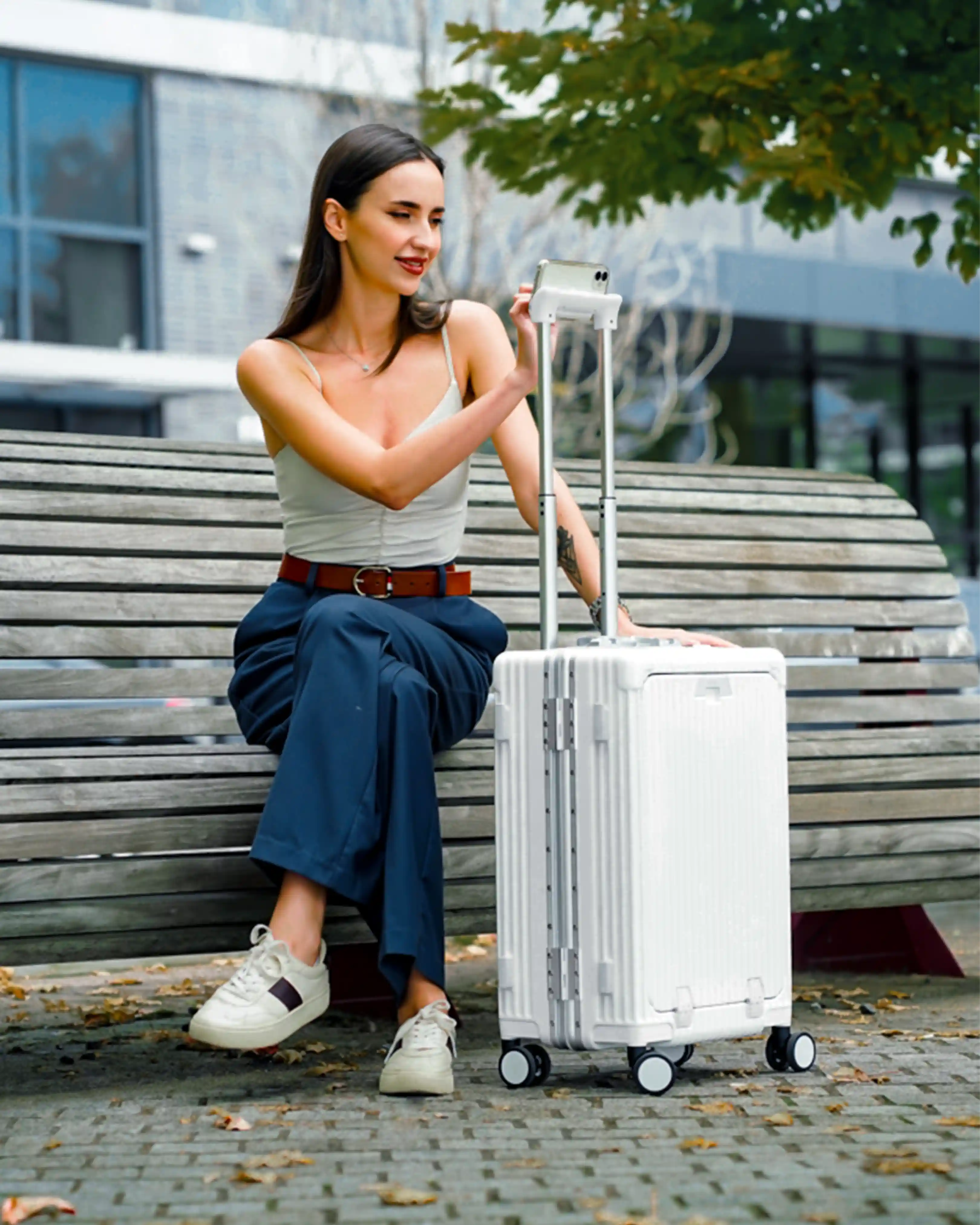 All-in-One Smart Carry-On Suitcase with GPS Tracking, Front Laptop Pocket, USB Charger & Cup Holder