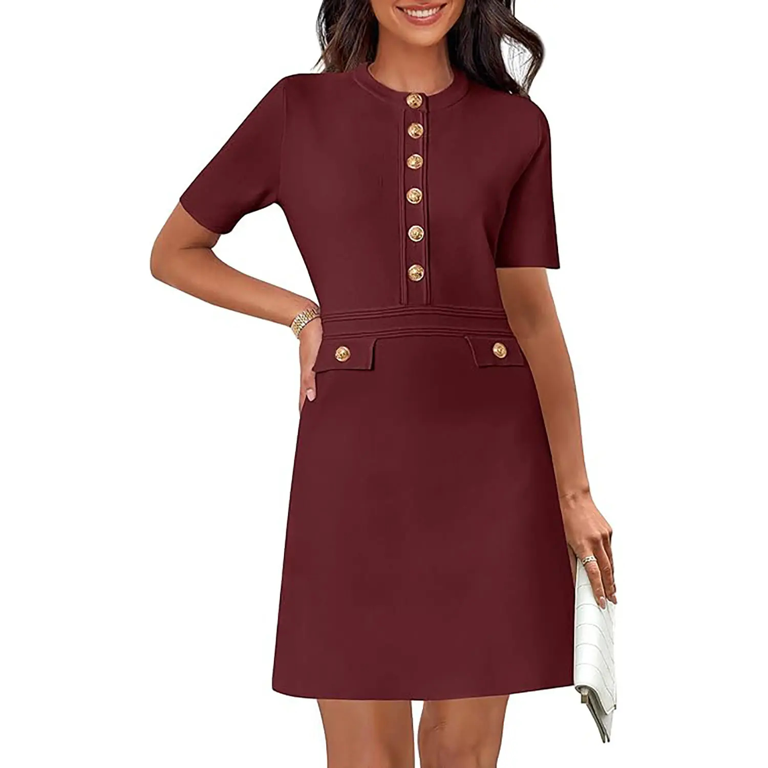 Women’s Short Sleeve Knit Dress – Slim Fit Button Front Midi Dress for Work & Everyday Wear