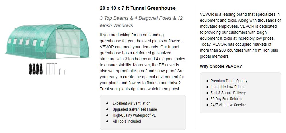 【Summerfinds】VEVOR Outdoor Metal Walk-in Tunnel Greenhouse Kit, Portable Hot House with 20x10x7 ft Max Size, Galvanized Steel Hoops, 3 Top Beams, 2 Zippered Doors, Diagonal Poles, Airflow Design for All Year Round Use