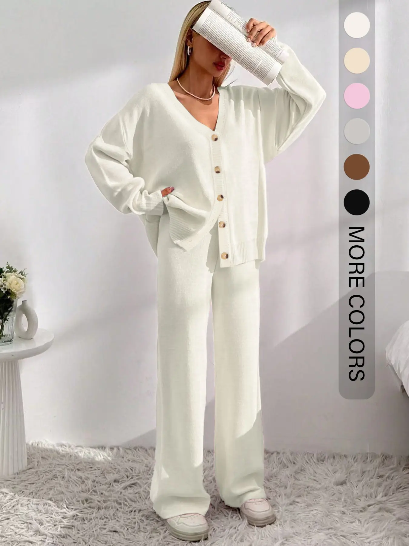Women’s V-Neck Knit Set – Button Front Cardigan & Wide-Leg Trousers for Autumn & Winter